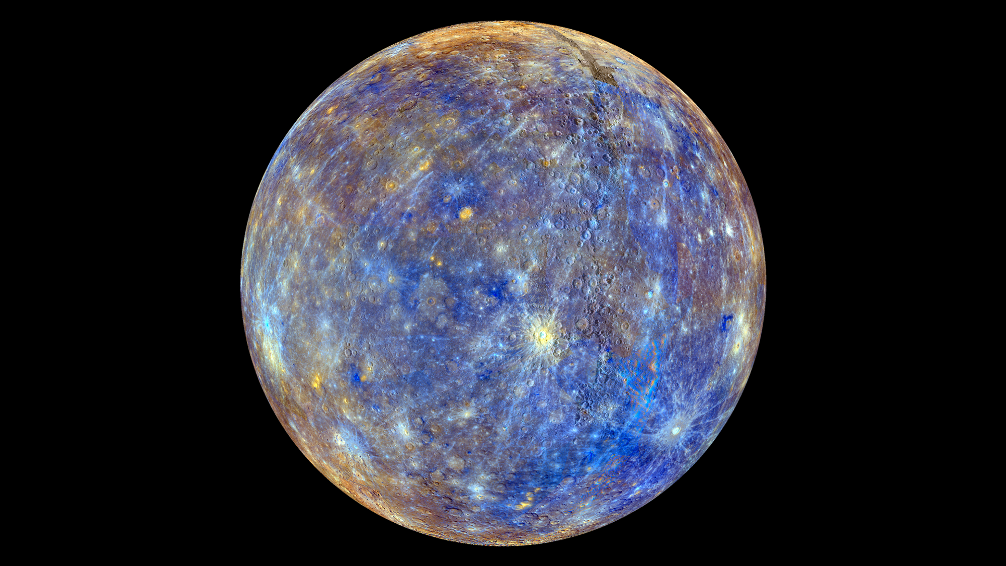 This colorful view of Mercury was produced by using images from the color base map imaging campaign during MESSENGER's primary mission. These colors are not what Mercury would look like to the human eye, but rather the colors enhance the chemical, mineralogical, and physical differences between the rocks that make up Mercury's surface.     Young crater rays, extending radially from fresh impact craters, appear light blue or white. Medium- and dark-blue areas are a geologic unit of Mercury's crust known as the "low-reflectance material", thought to be rich in a dark, opaque mineral. Tan areas are plains formed by eruption of highly fluid lavas. The crater in the upper right whose rays stretch across the planet is Hokusai.