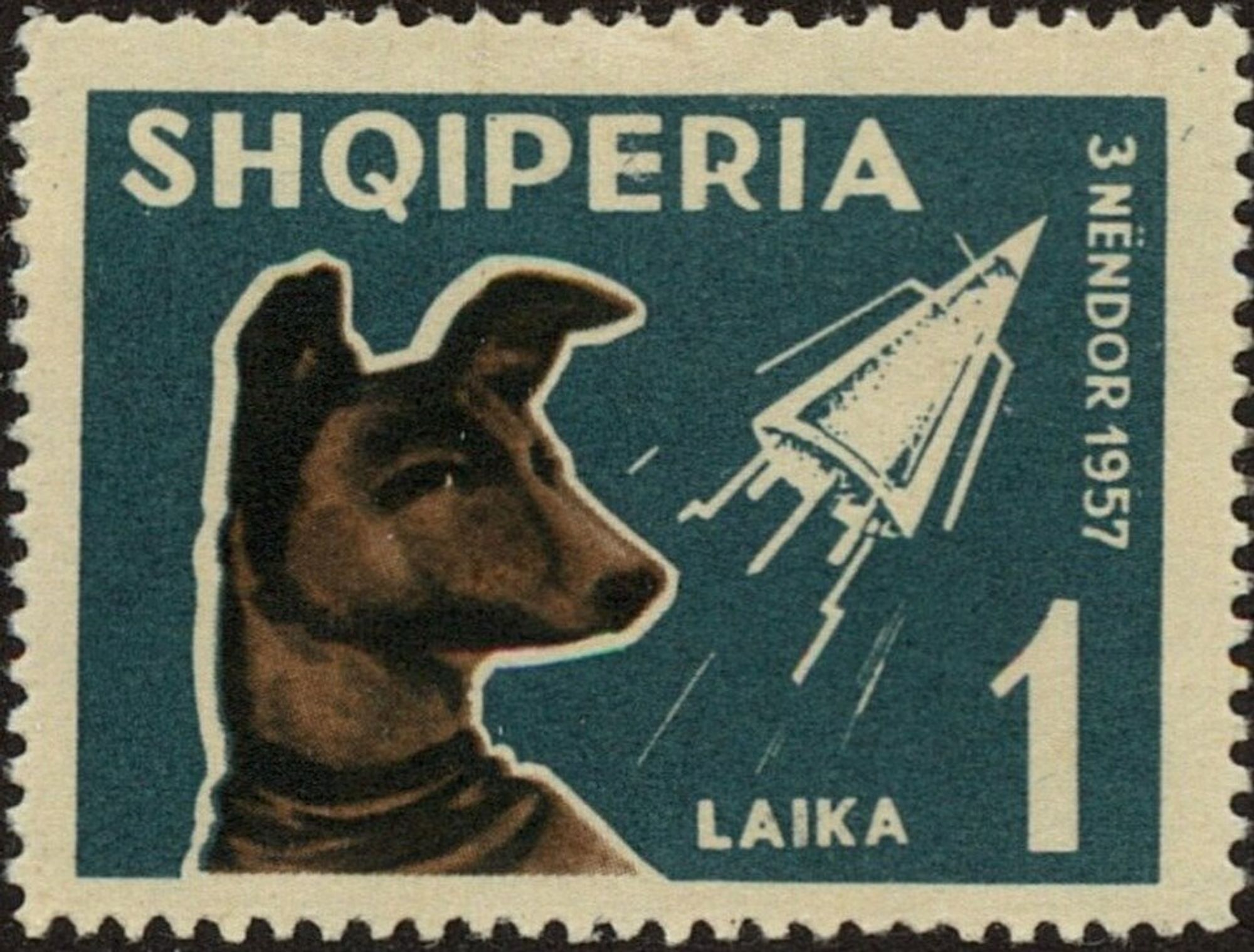 Green postal stamp of dog Laila.
