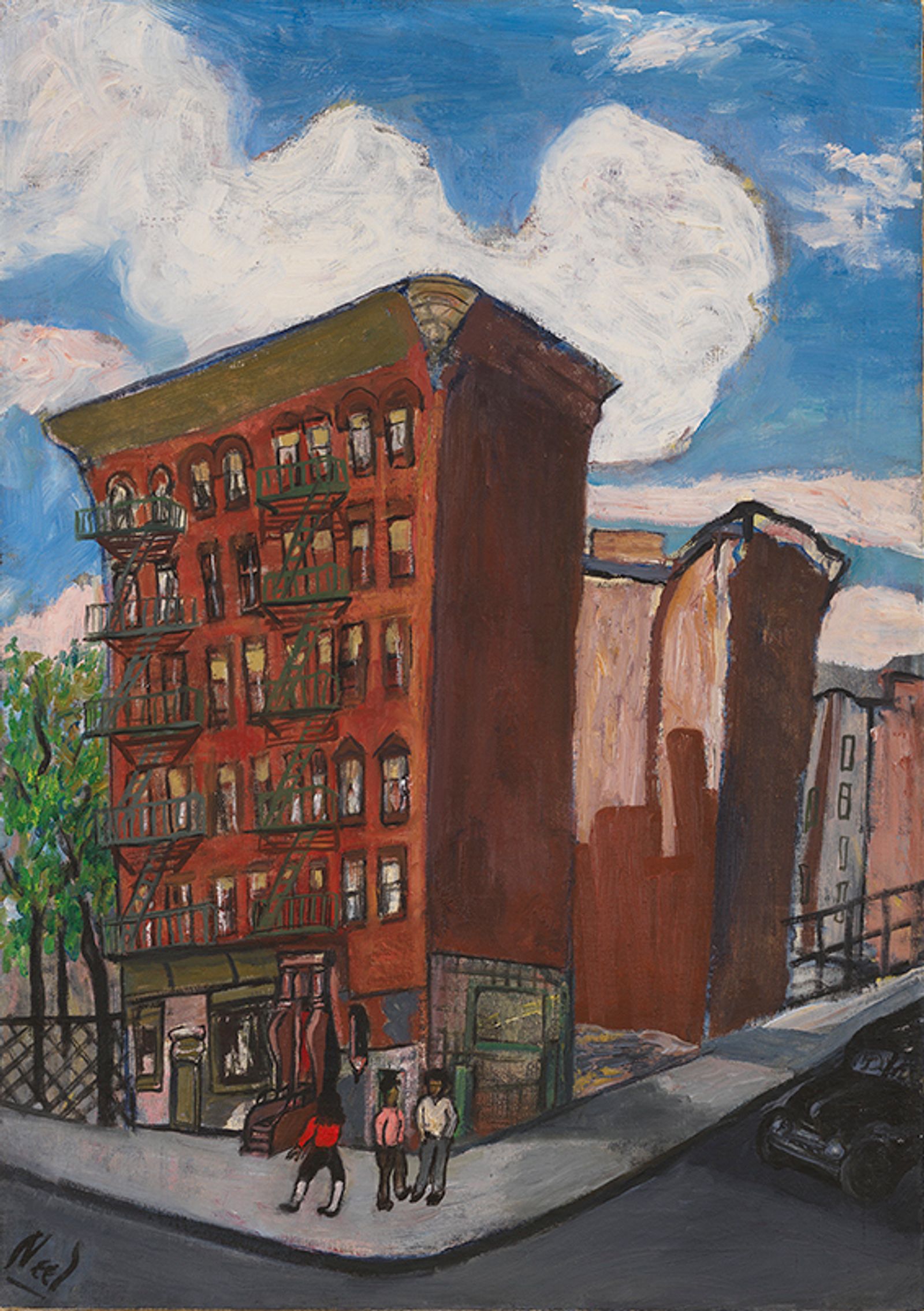 A tenement building on a street corner stretches to the sky on a beautiful, summer day.