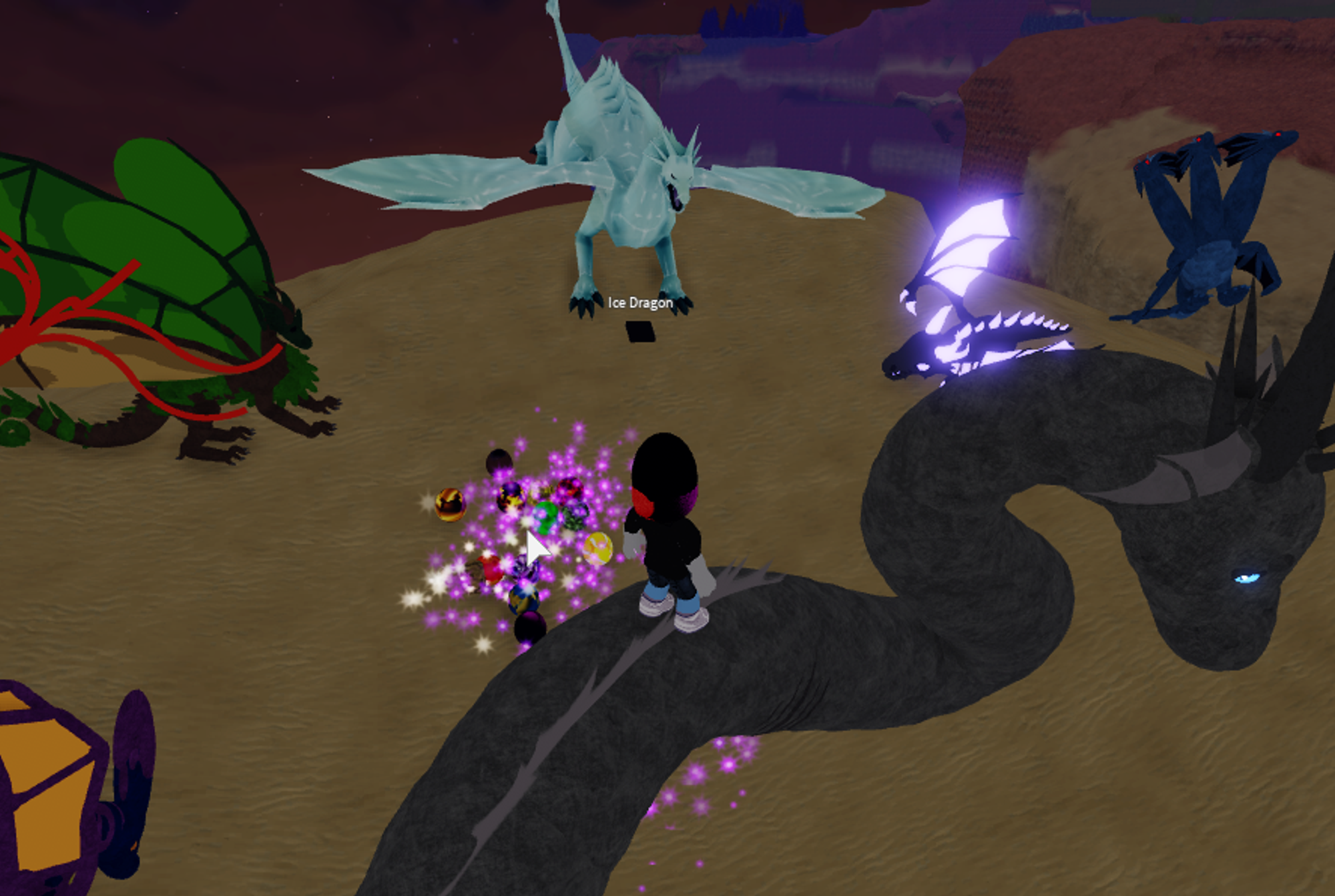 A Roblox avatar standing among a bunch of dragons