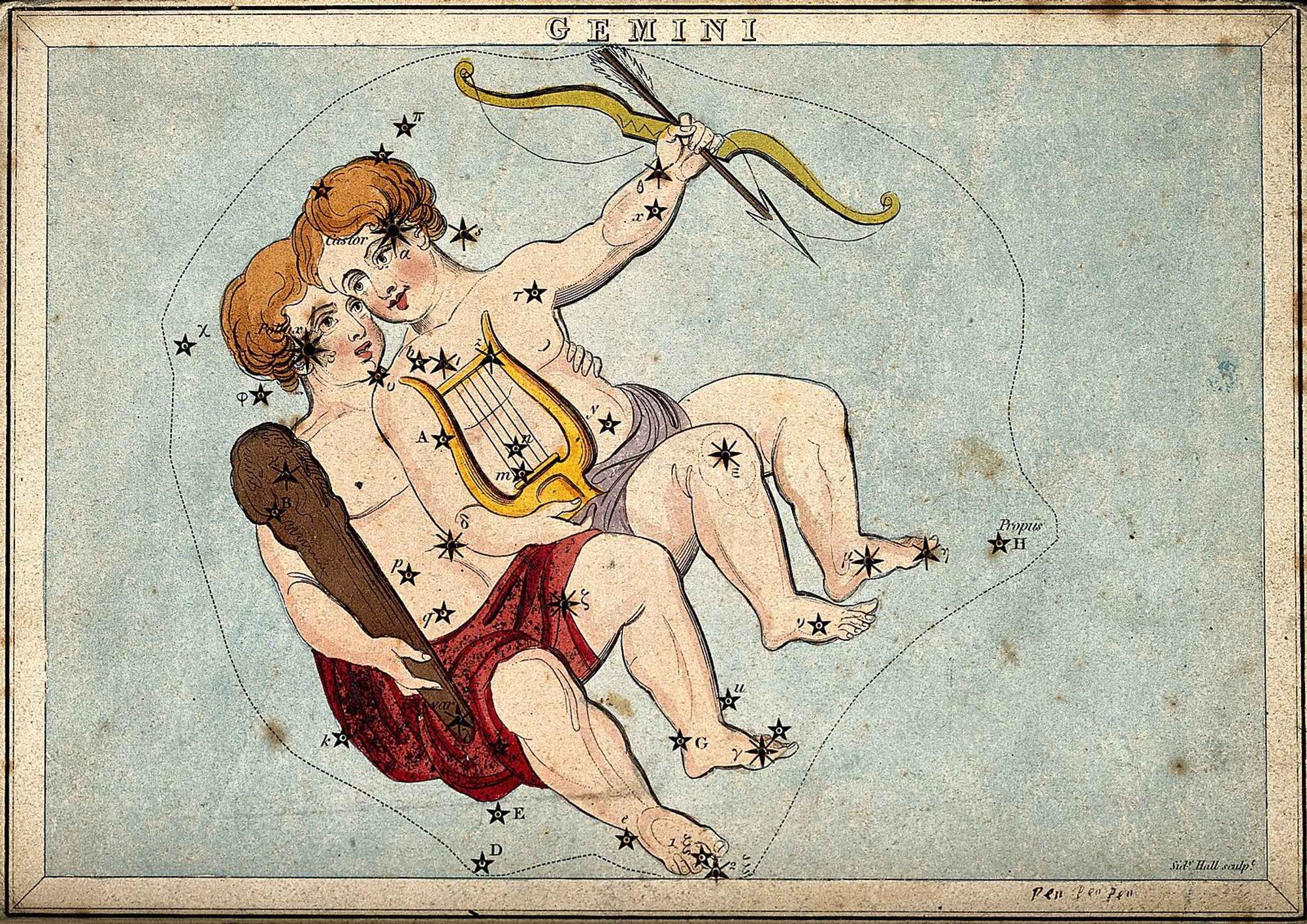 Colorful engraving of of Gemini twins in astrology.