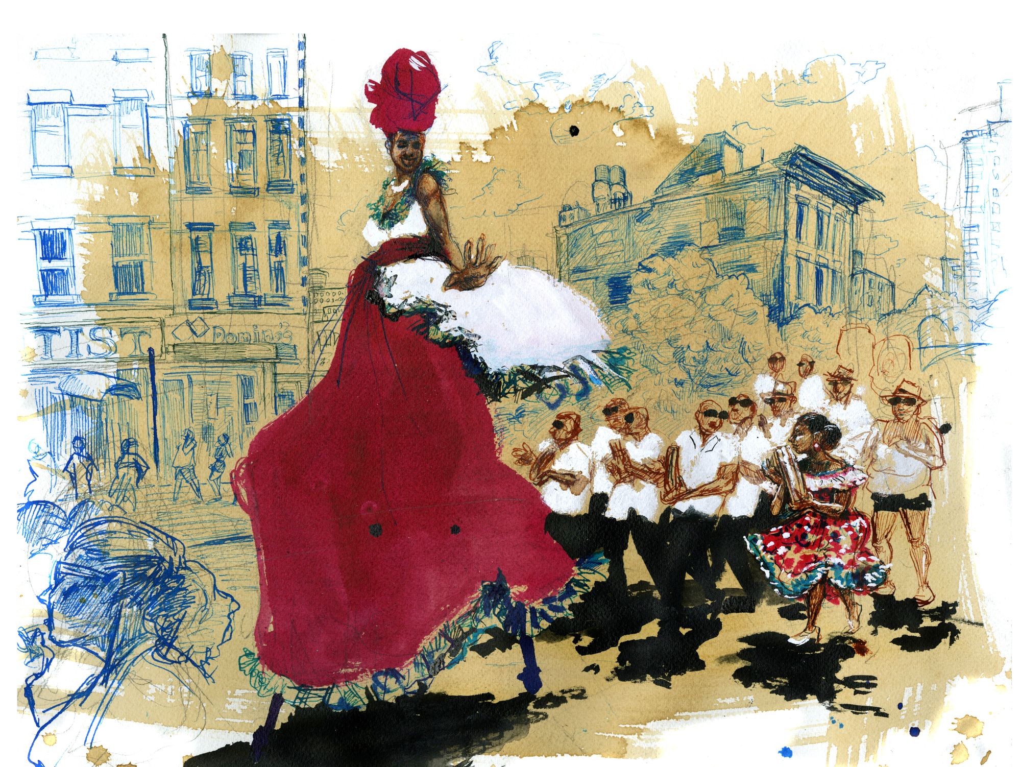 A woman in a red dress towers over a parade of men in white shirts and black trousers. 
