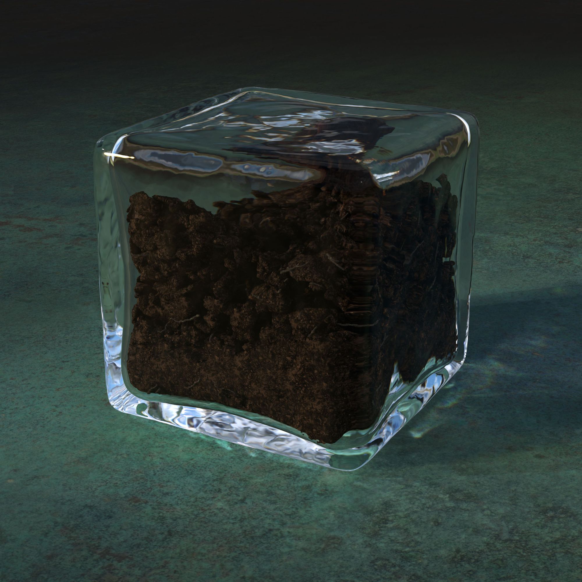 Photorealistic render of a glass block with thick and imperfect walls, mostly filled with a chunky dark, nearly black, soil. Caustics and refraction scatter light through the block and onto a floor like rusted copper.