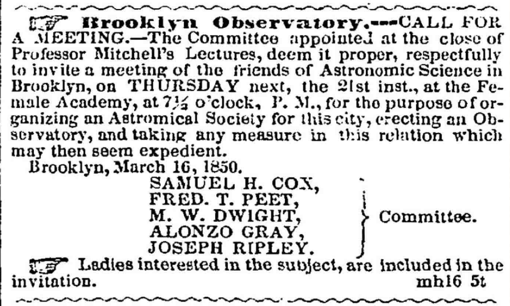 An old classified ad for a "Brooklyn Observatory"