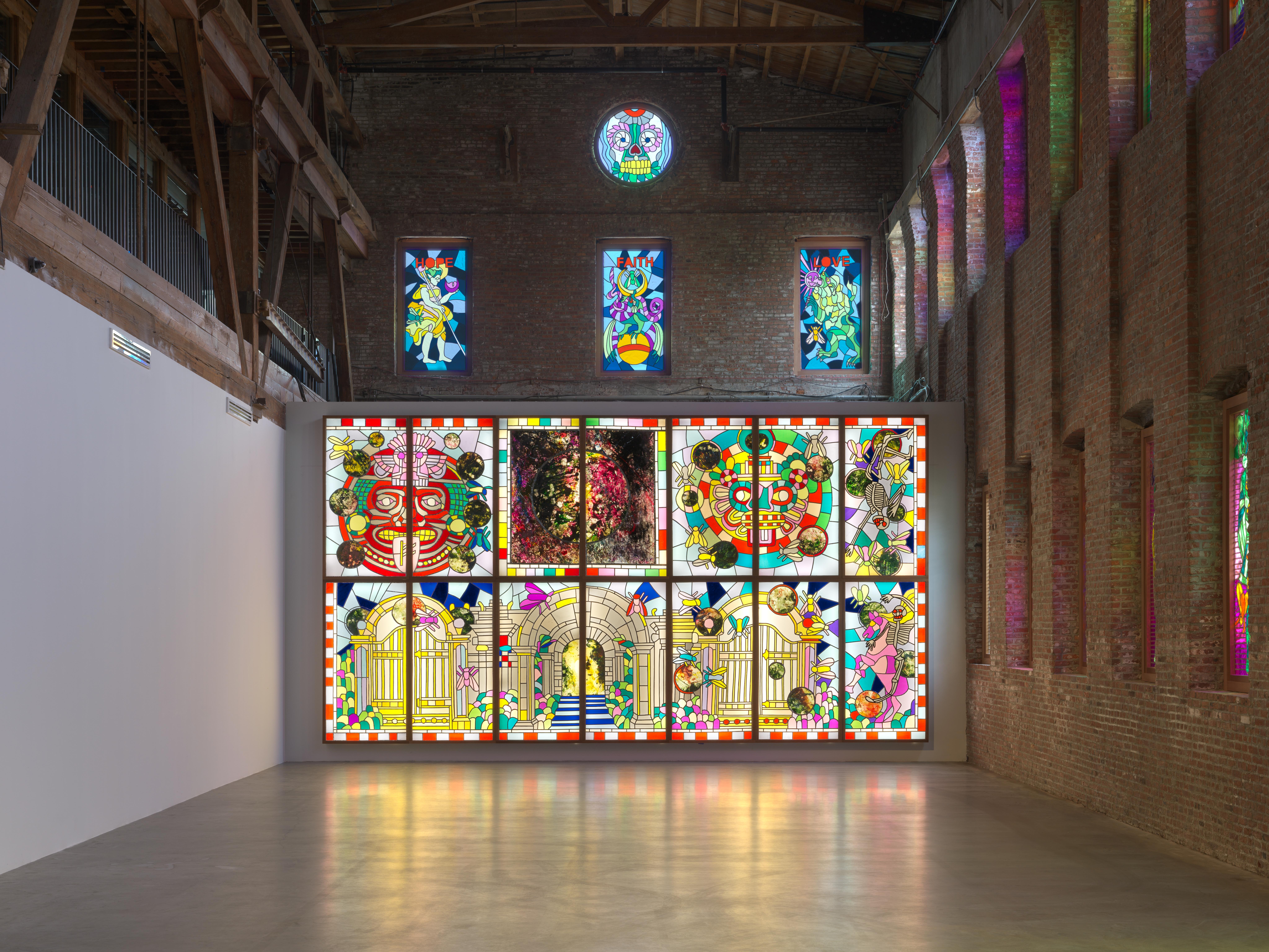 Installation of Raul de Nieves's faux stained glass panels in Pioneer Works's Main Hall