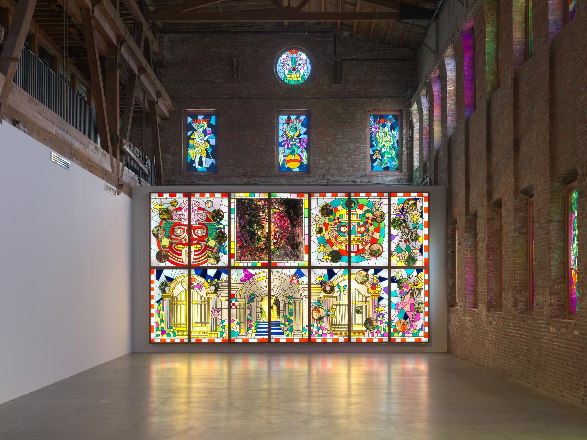 Installation of Raul de Nieves's faux stained glass panels in Pioneer Works's Main Hall