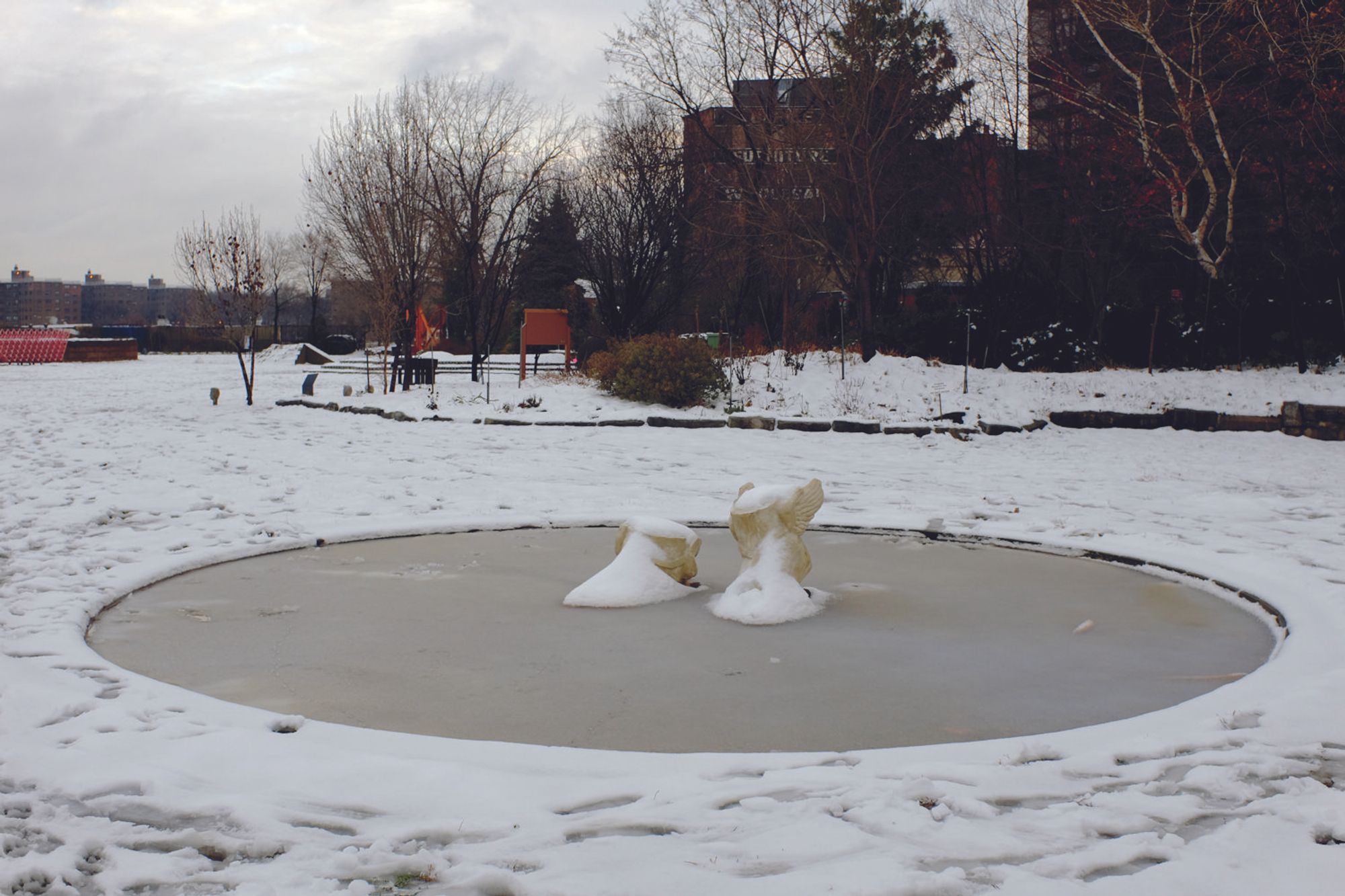 Onyedika Chuke. The Forever Museum Archive: The Untitled_A Template for Memorial architecture_hermes_and_reflection pool_red, 2016. Cast concrete, water, steel, stone and rust 3 × 4 × 4 × 22 (diameter) feet.