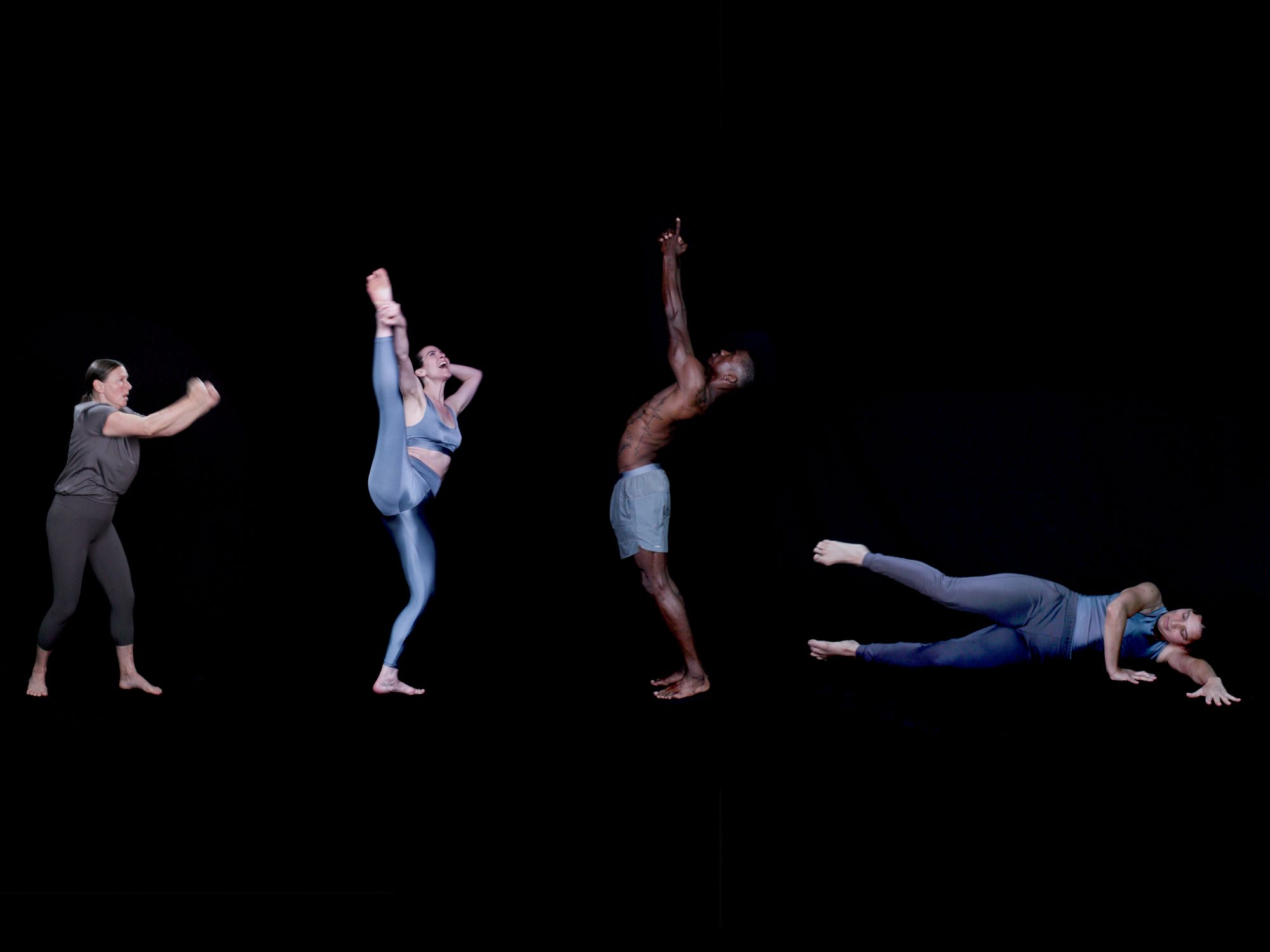 Dancers in different positions on a black background