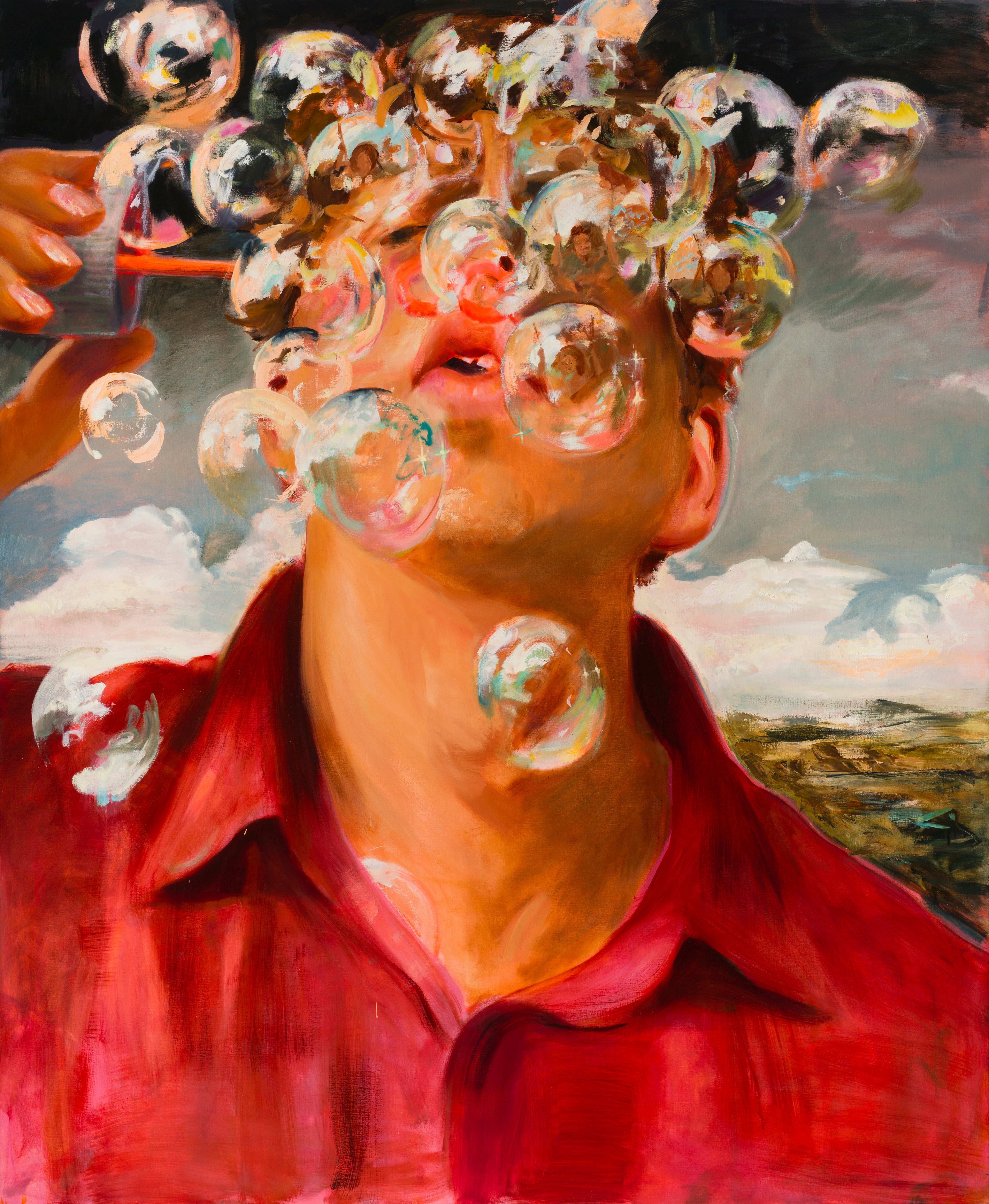 A painting of a figure wearing a red shirt, blowing bubbles against a pastoral backdrop.