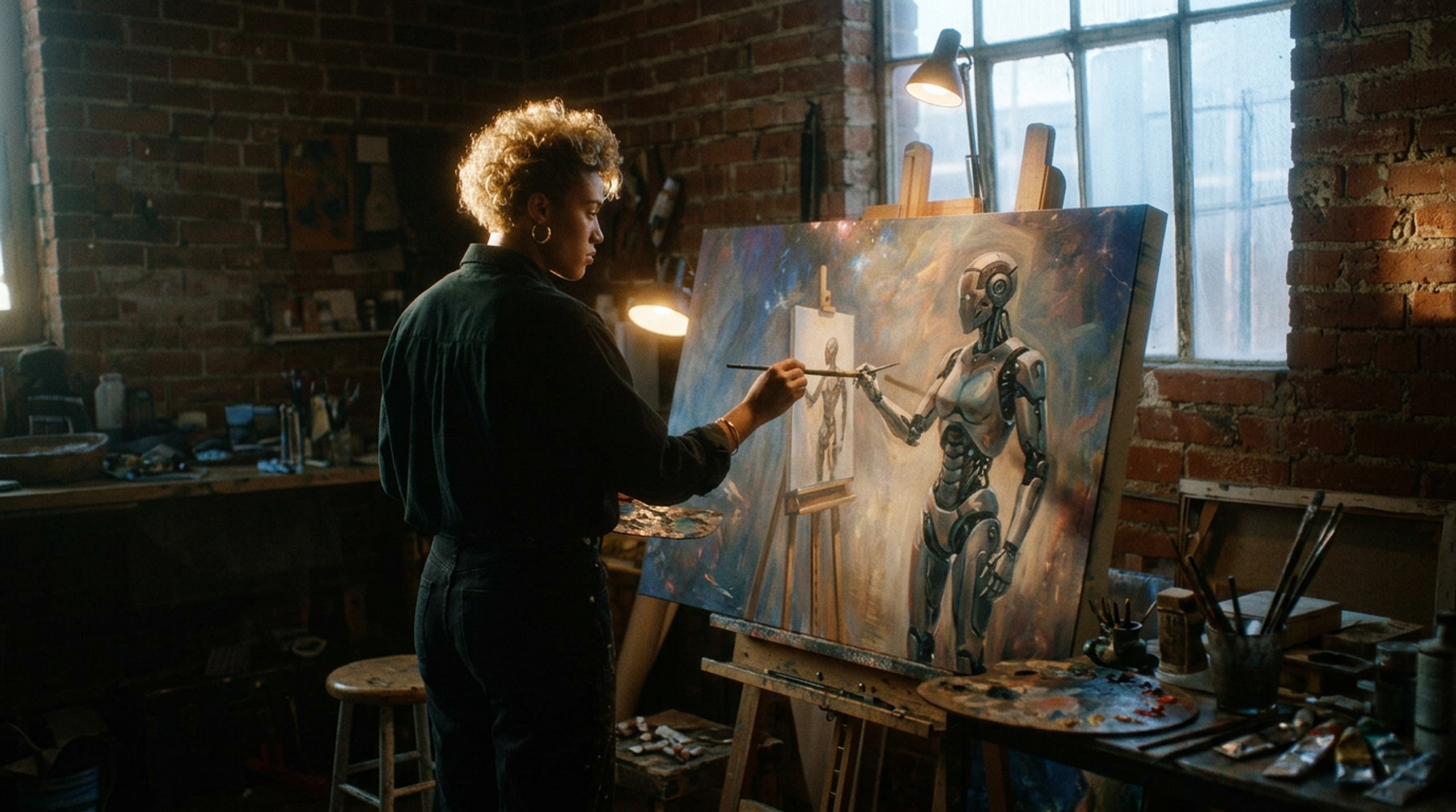 AI generated image of an artist painting an image of a robot painting a robot on a canvas..