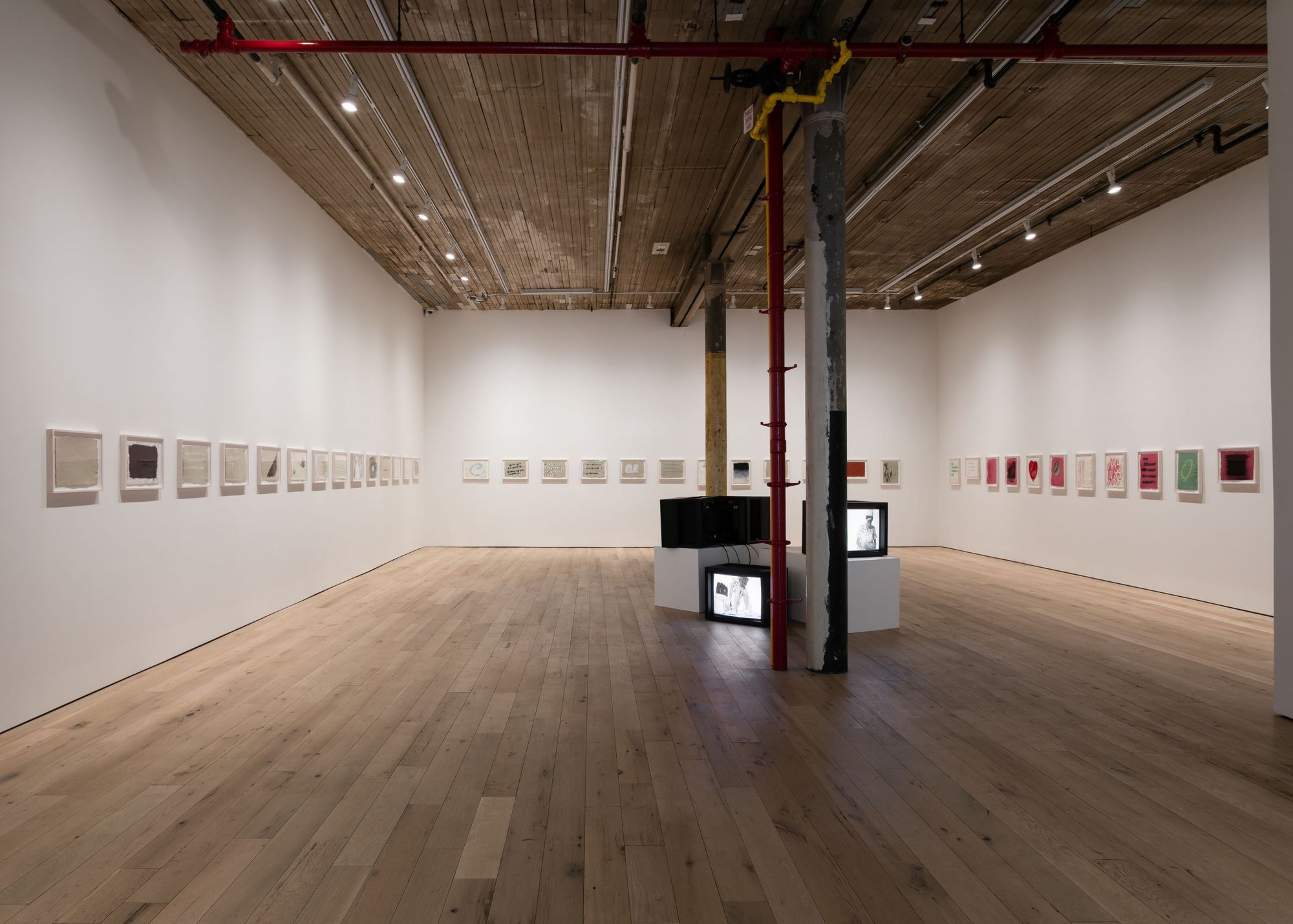 A wide angle view of Kathleen White's exhibition "A Year of Firsts"