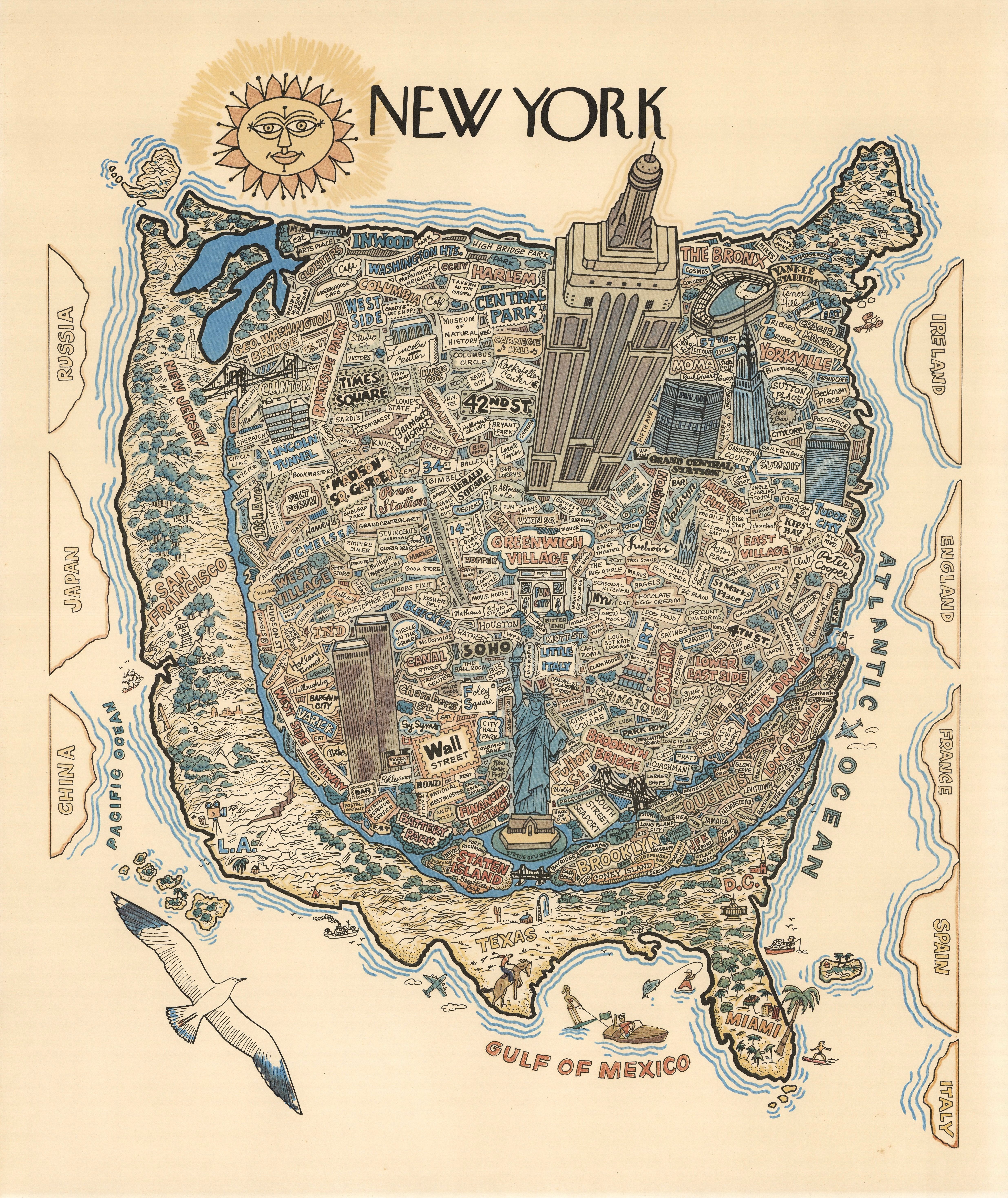 Colored pictorial map of New York City with the buildings rendered as a bird’s-eye view in isometric perspective, presents detail view from New York City to the rest of the United States and the world showing New York as the center of the world, with a strip along Hudson River representing New Jersey, San Francisco, Los Angeles, Texas, Miami, and Washington, D.C.