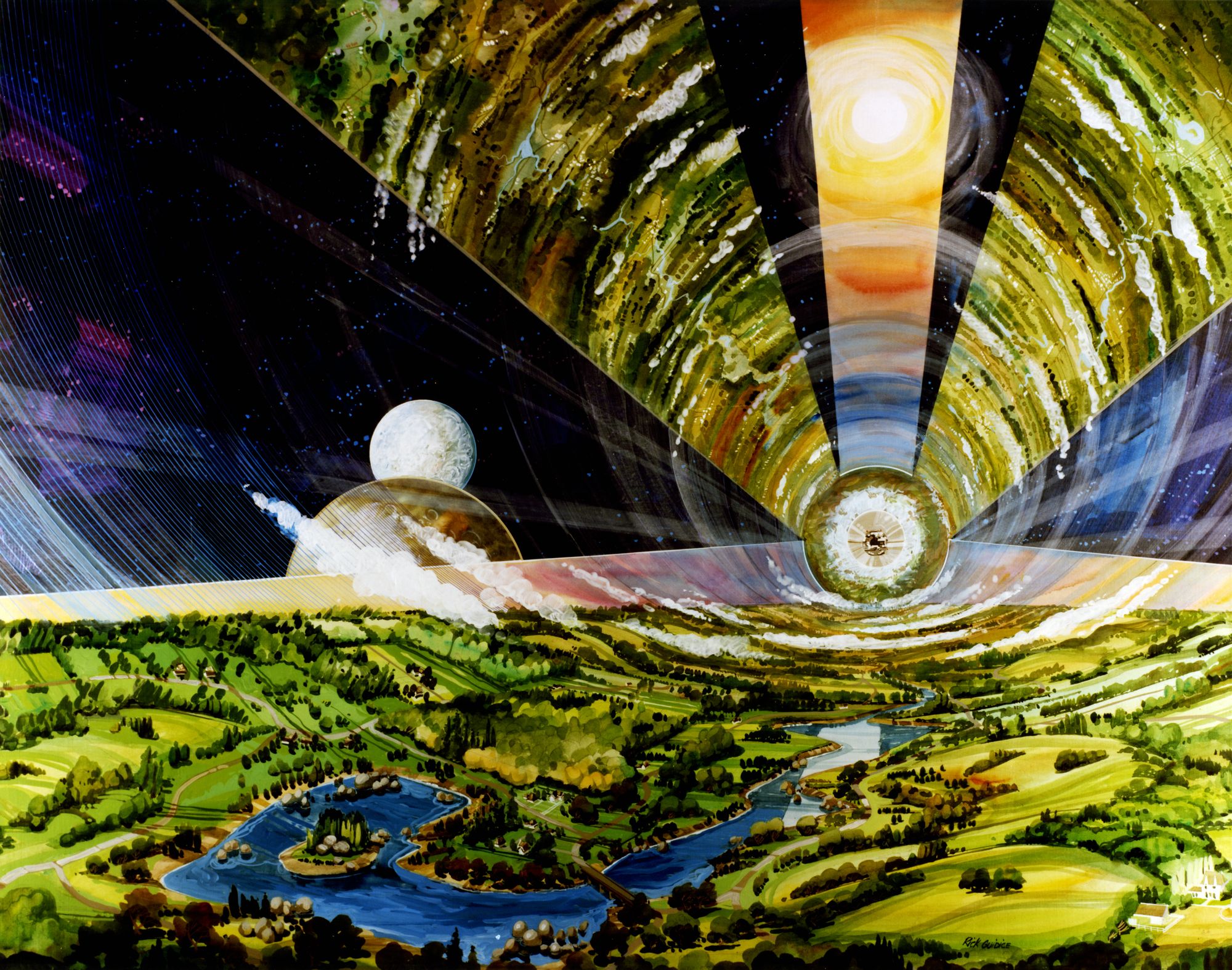 A 1970s-style rendering of a space colony concept, featuring rolling hills and a meandering stream somehow floating in outer space.