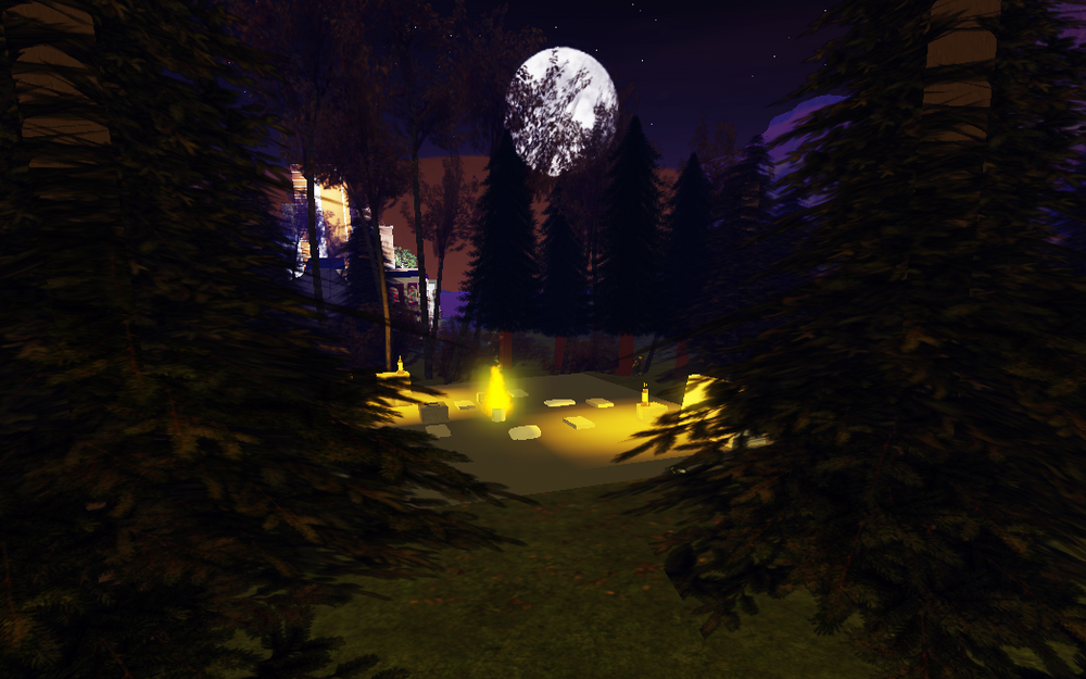 A screenshot of the author's birthday cement slab in Roblox, with a big white moon rising over a glowing campfire.