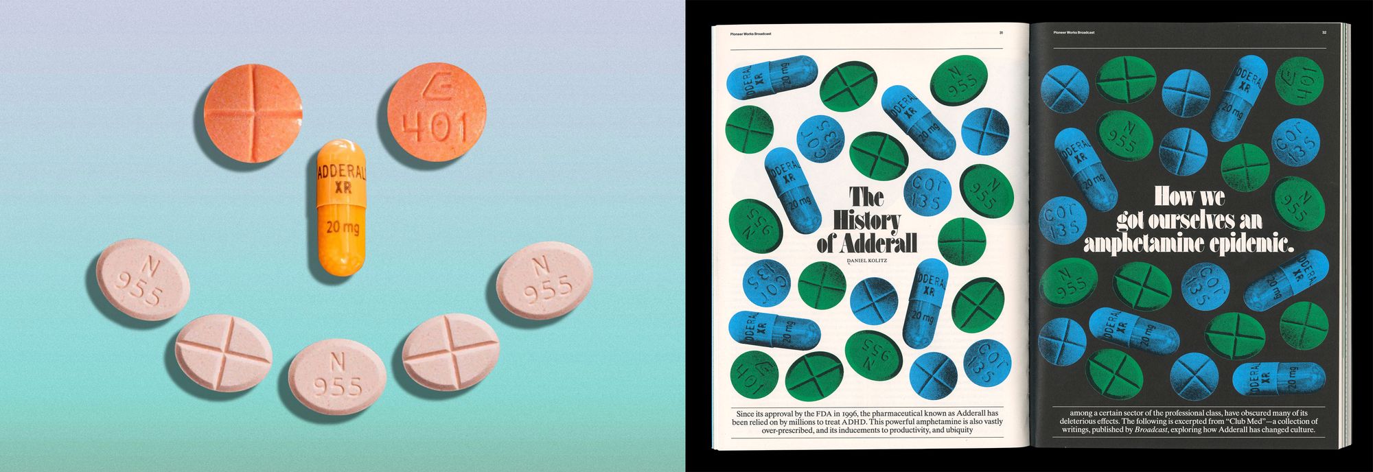 One image with a light gradient and pills arranged as a smiley face, next to a magazine spread of a blue and green page covered in the same pills.