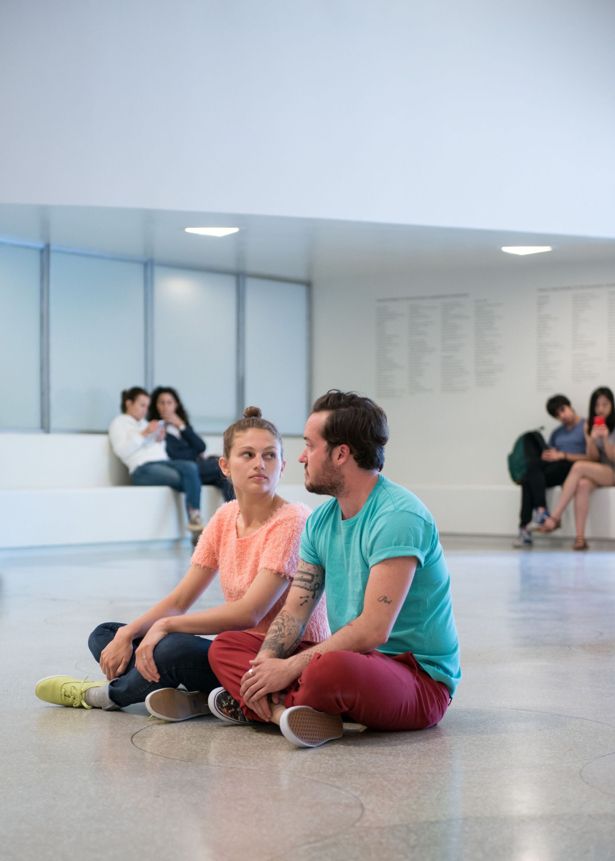 A pair performing Gerard and Kelly, Timelining, in the Guggenheim Museum. 