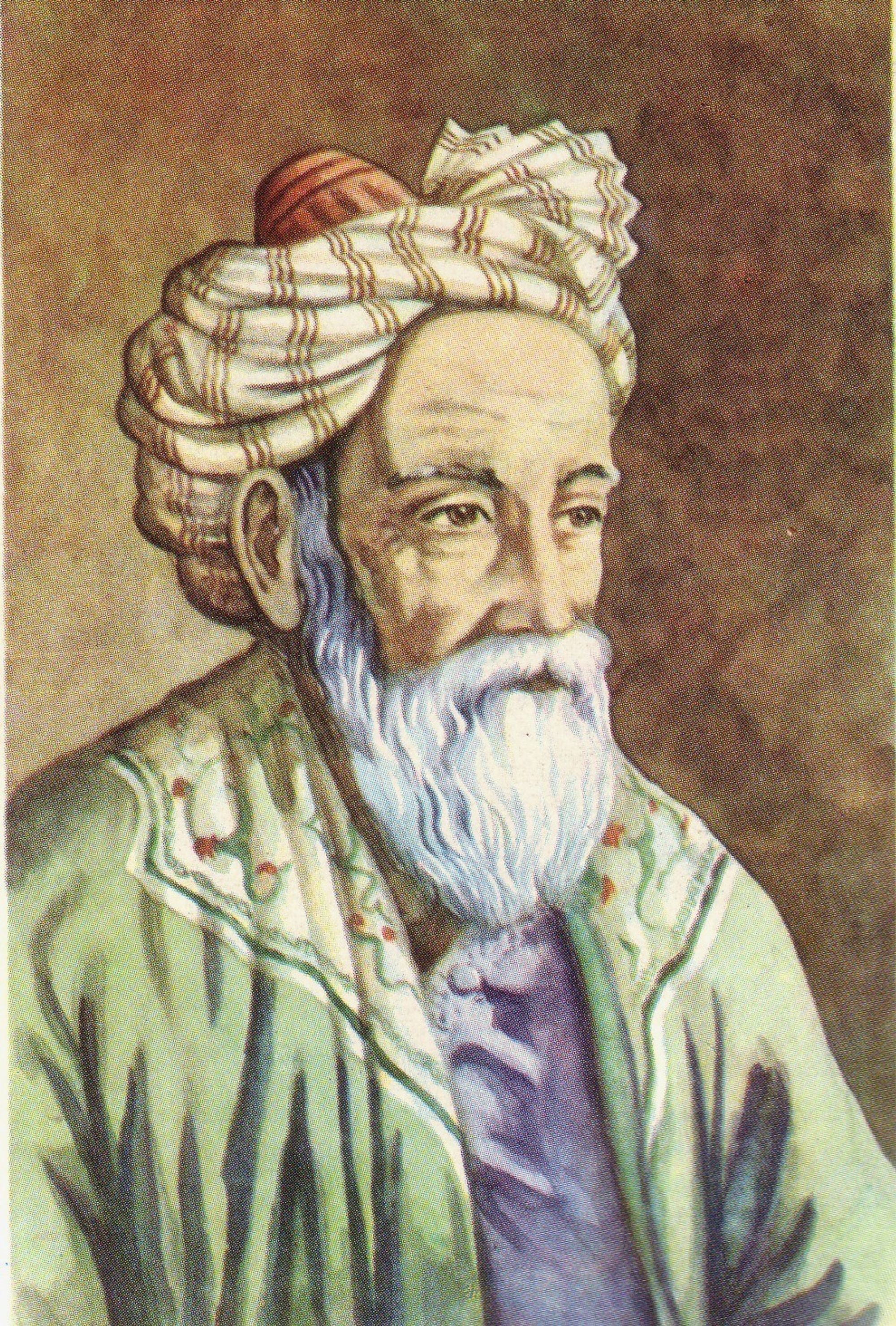 A drawing of Omar Khayyam, seen with a white beard and a green jacket with a light floral pattern around his shoulders.