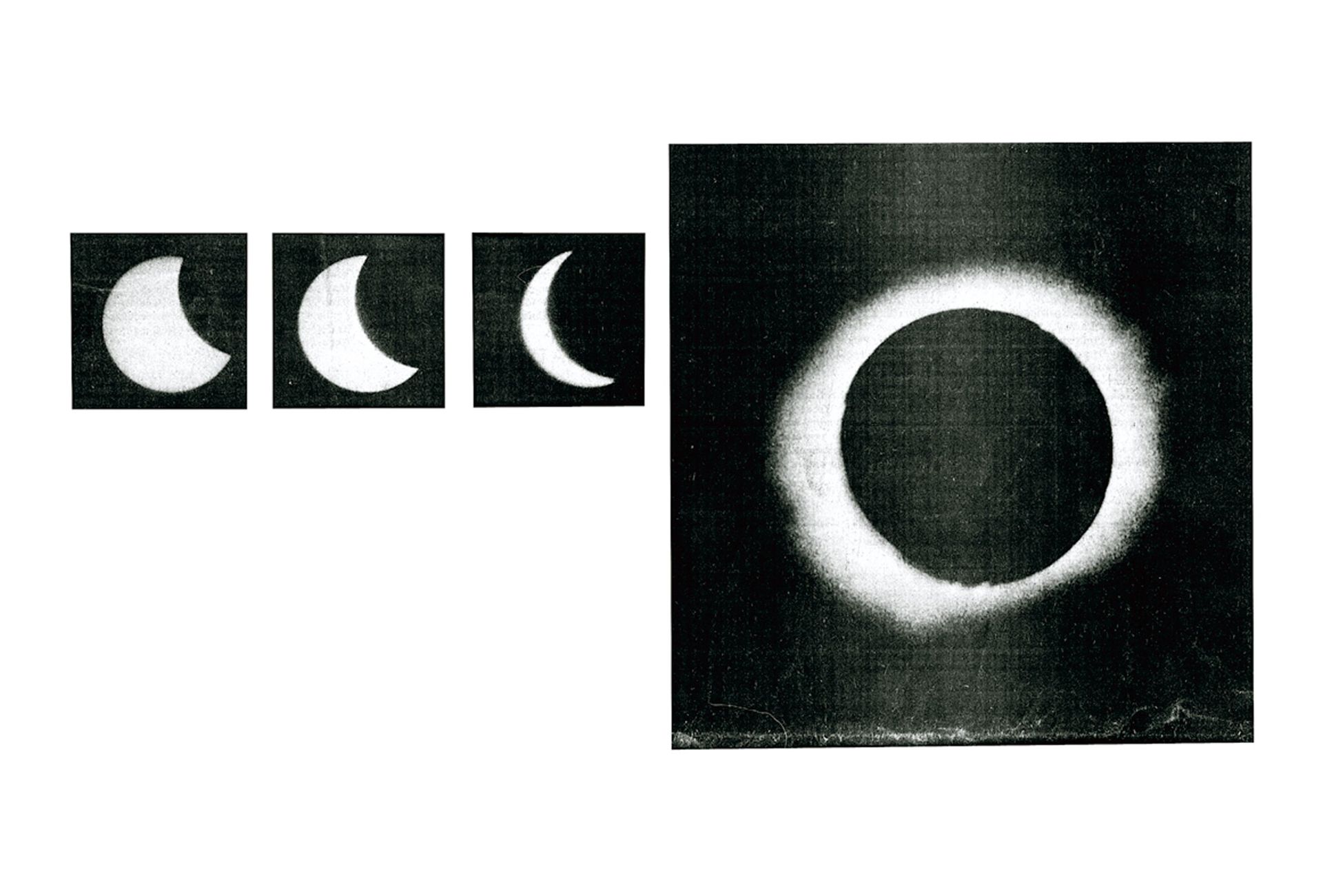 The front page of an old newspaper called "The Yakima Herald", with a collection of eclipse photographs above the fold, and blank white space below it.
