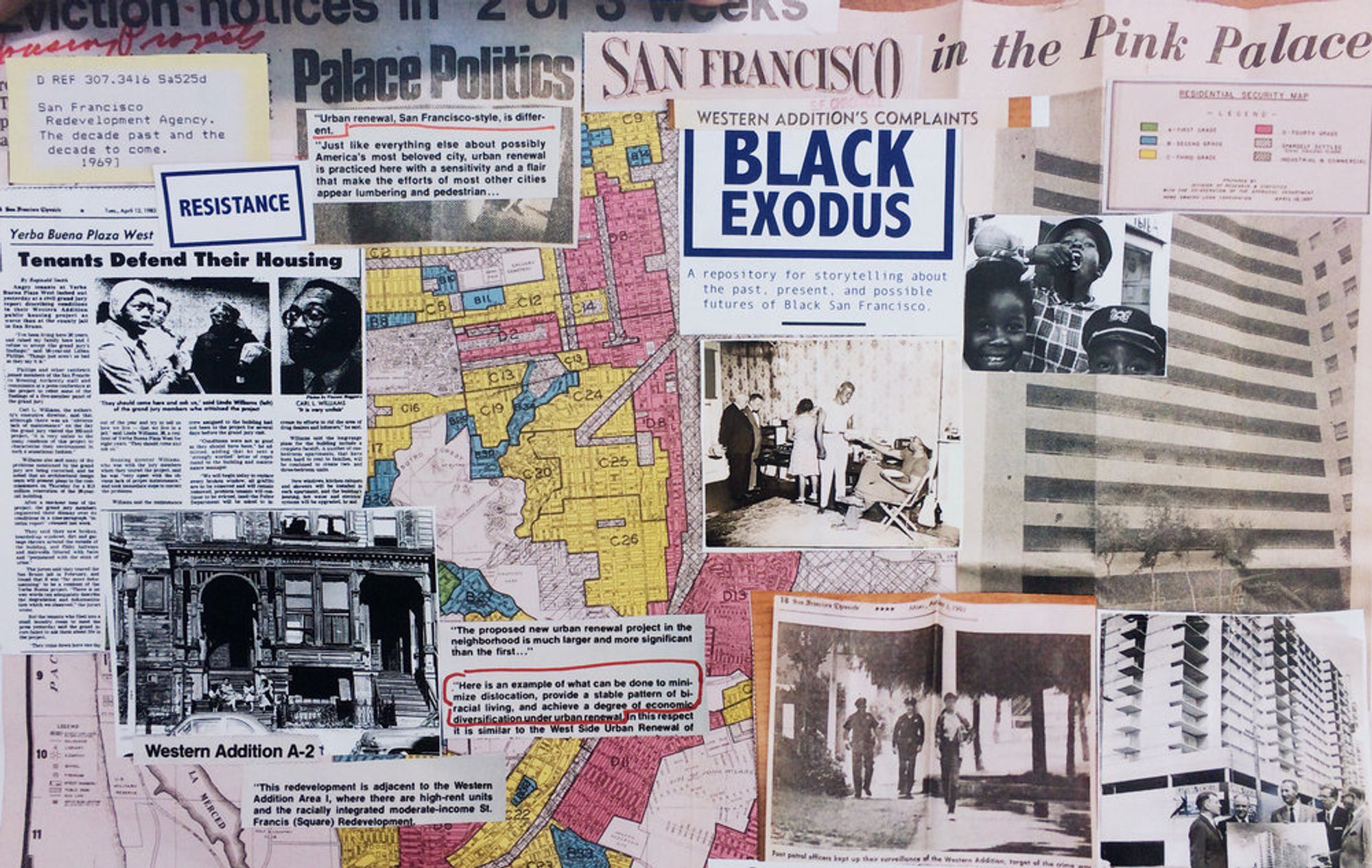 A collage of images and newspaper cuttings