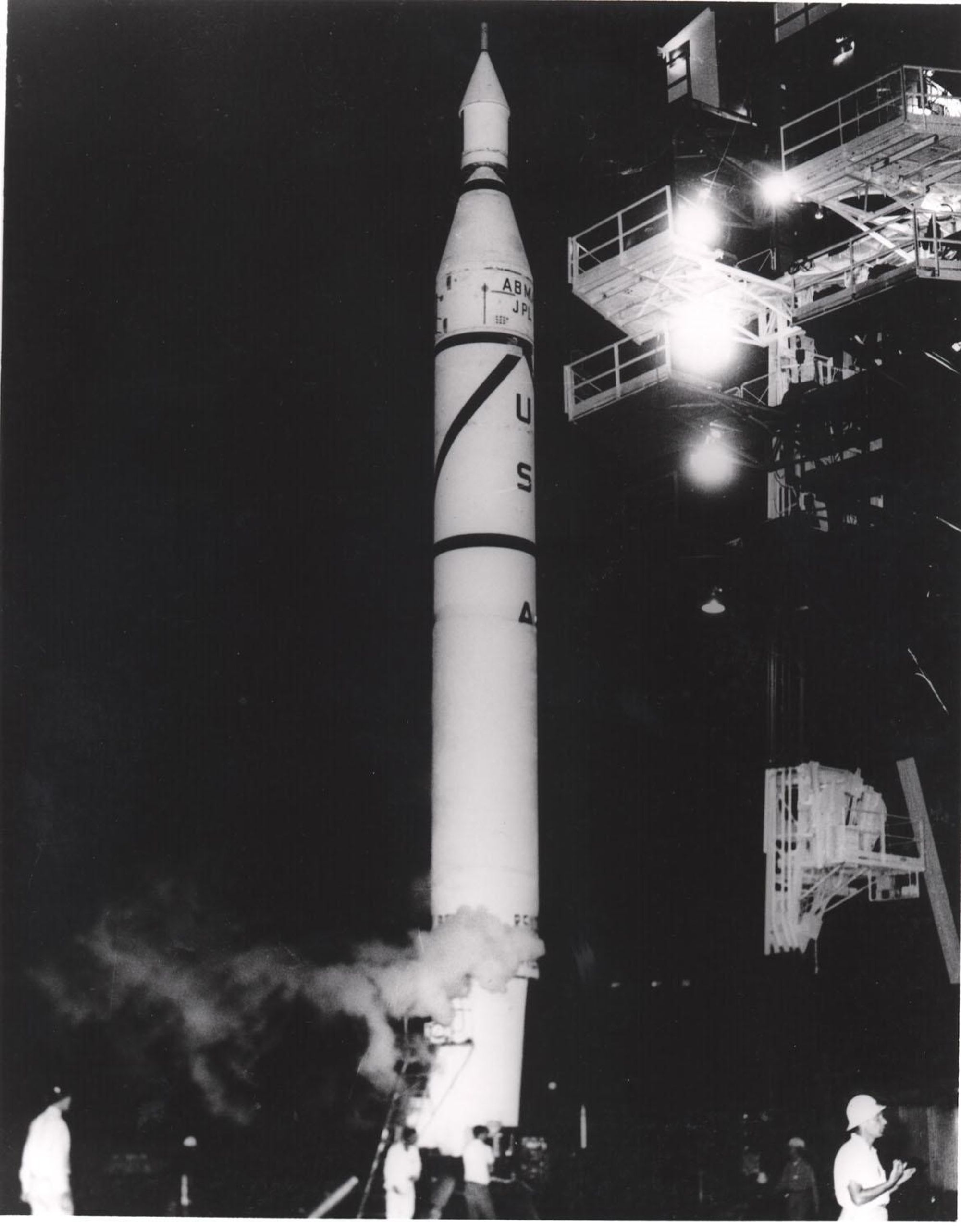 A tall, thin rocket about to be launched