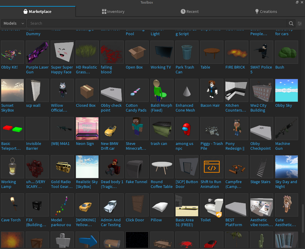 Screenshot of Roblox’s Toolbox window. Dozens of small image previews with names like “Pony Redesign ||” fill it