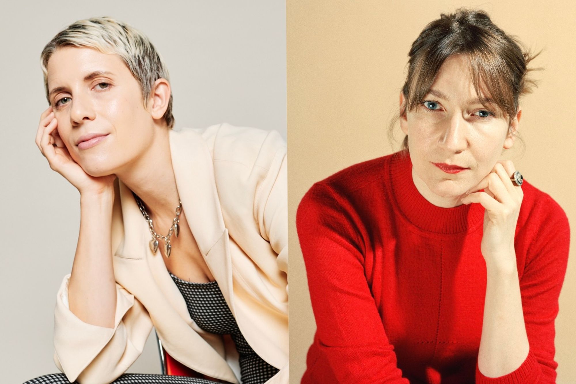 Claire Evans and Sheila Heti pose for side-by-side portraits.