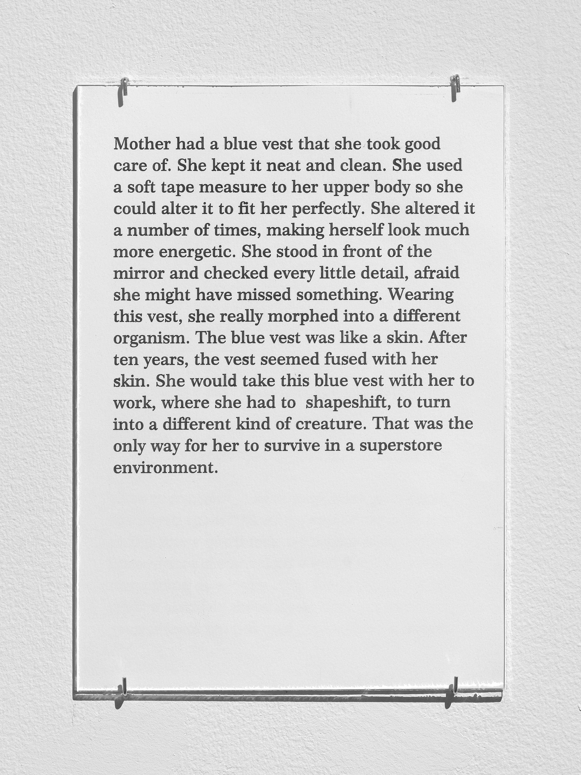 Text on a white background that reads: "Mother had a blue vest that she took good care of. She kept it neat and clean. She used a soft tape measure. to her upper body as she could alter it to fit her perfectly. She altered it a number of times, making herself look much more energetic. She stood in front of the mirror and checked every little detail, afraid she might have missed something. Wearing this vest, she really morphed into a different organism. The blue vest was like a skin. After ten years, the vest seemed fused with her skin. She would take this blue vest with her to work, where she had to shapeshift, to turn into a different kind of creature. This was the only way for her to survive in a superstore environment." 