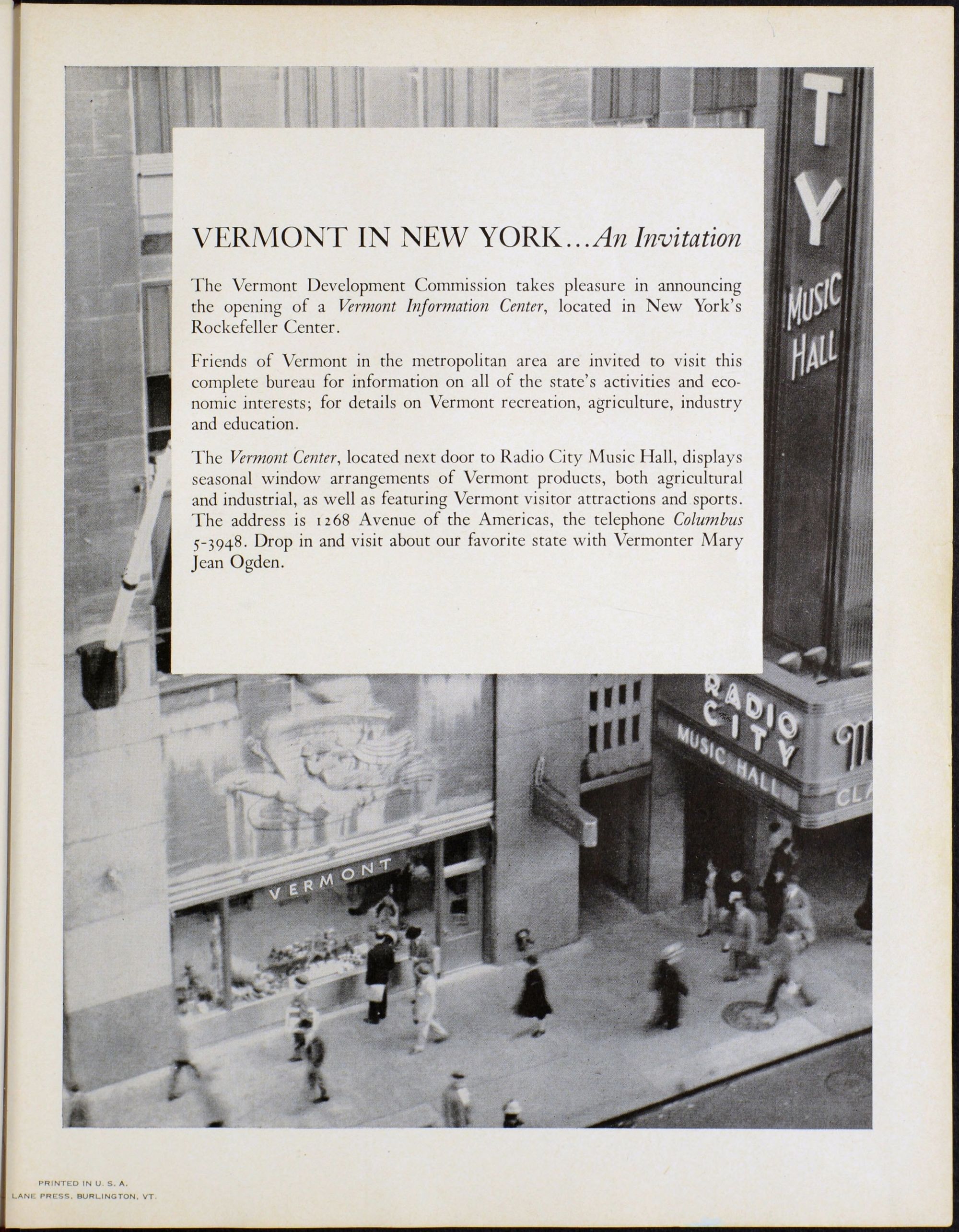An magazine ad that reads: "VERMONT IN NEW YORK . . . An Invitation." above a black-and-white photograph of the city.