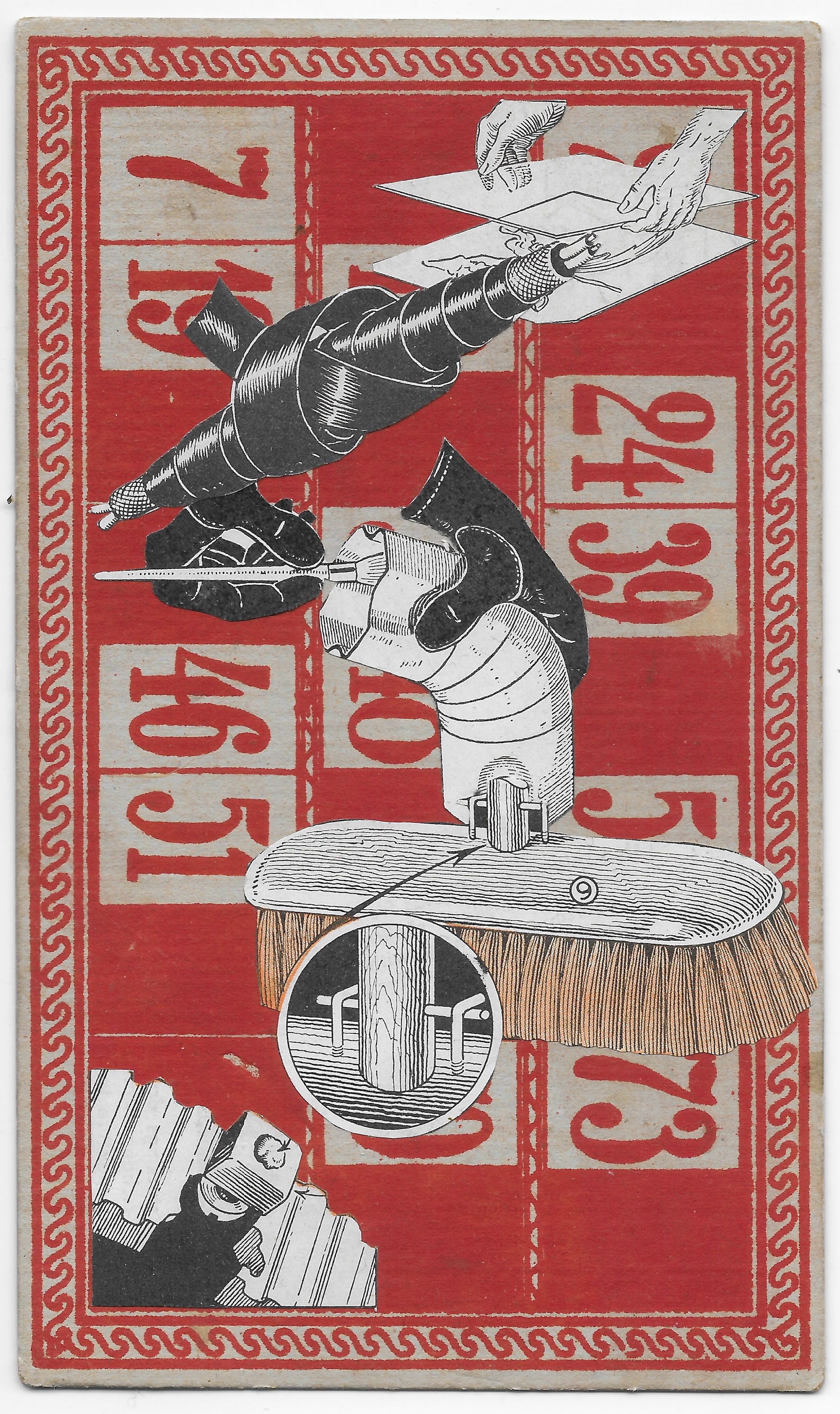 A series of undefined instruments, including an oddly missile-like broom, collaged upon a red checkered backdrop. 