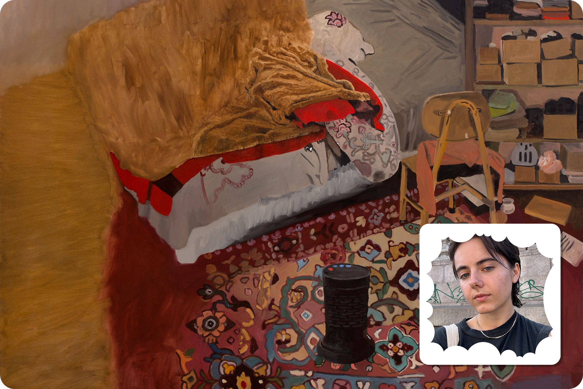 A painting of an unmade bed in a messy room, with a bright lamp in the corner and cluttered bookshelves in the foreground.