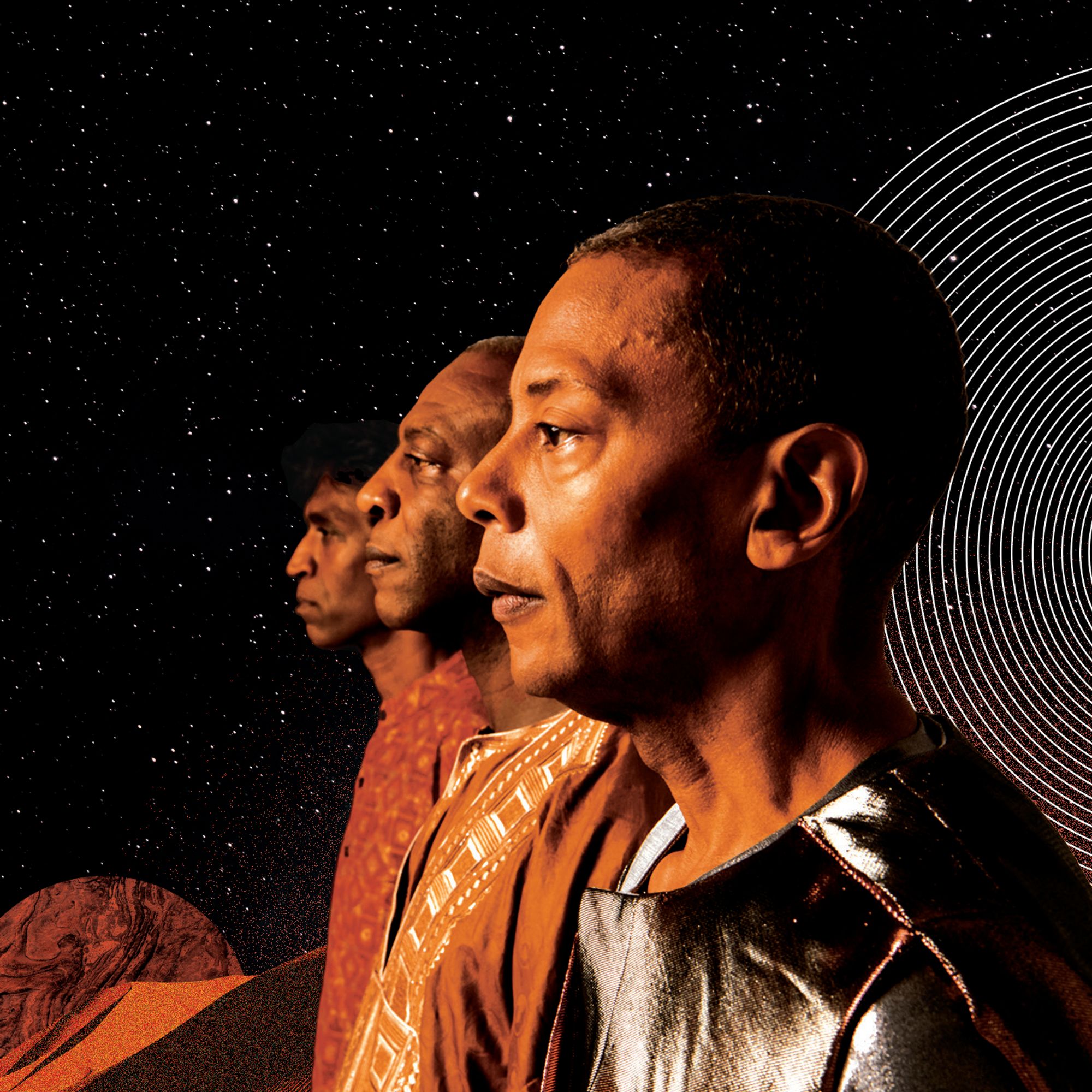 Three figures stand in relief against a cosmic background.