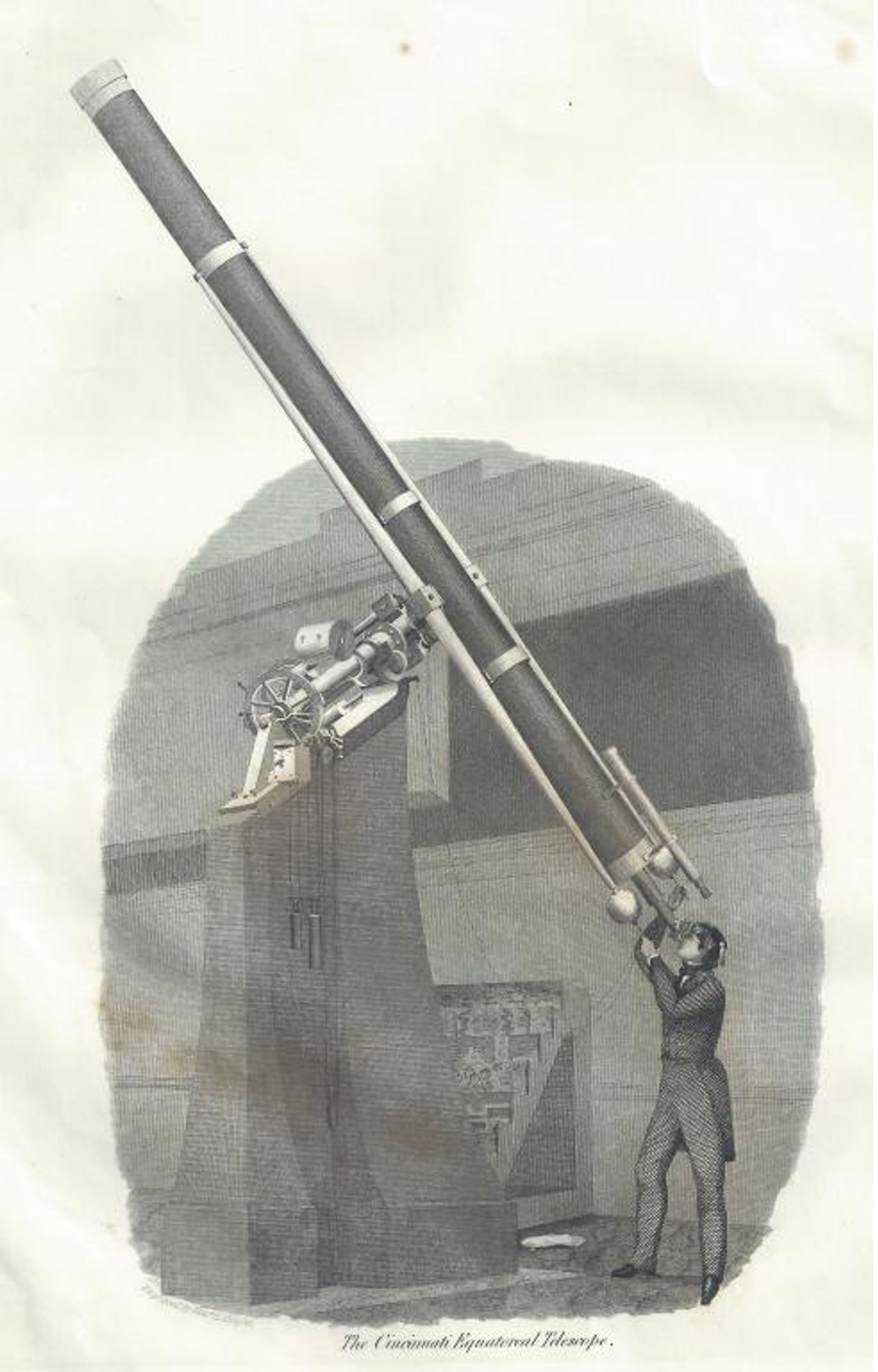 An old etching of a figure gazing into a large telescope, whose optical tube extends beyond the frame.