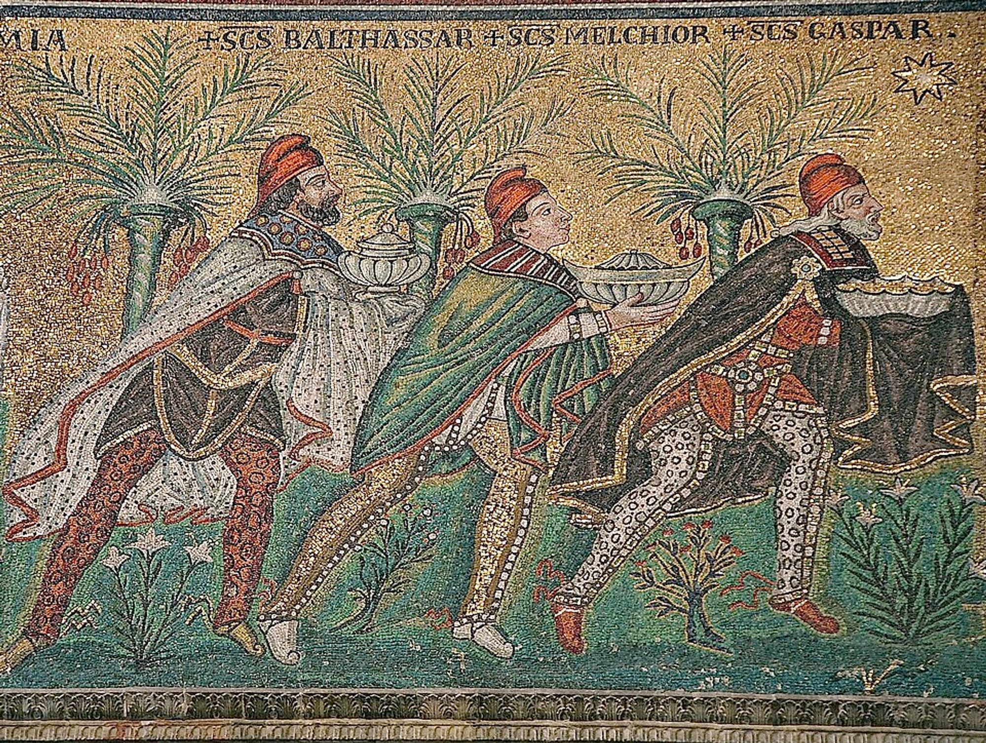 Mosaic that shows three men with bowls aimed at the sky, bowing forward.