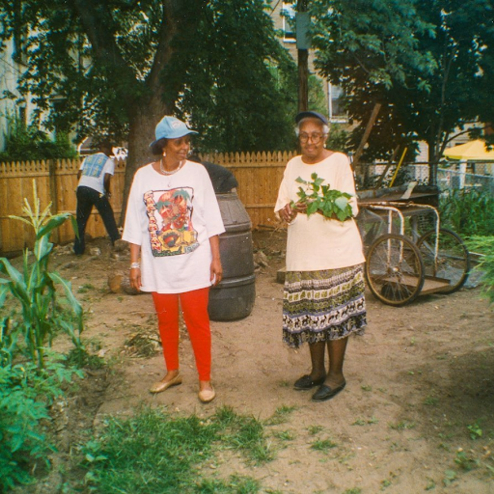 Two older Black women in a community garden.
