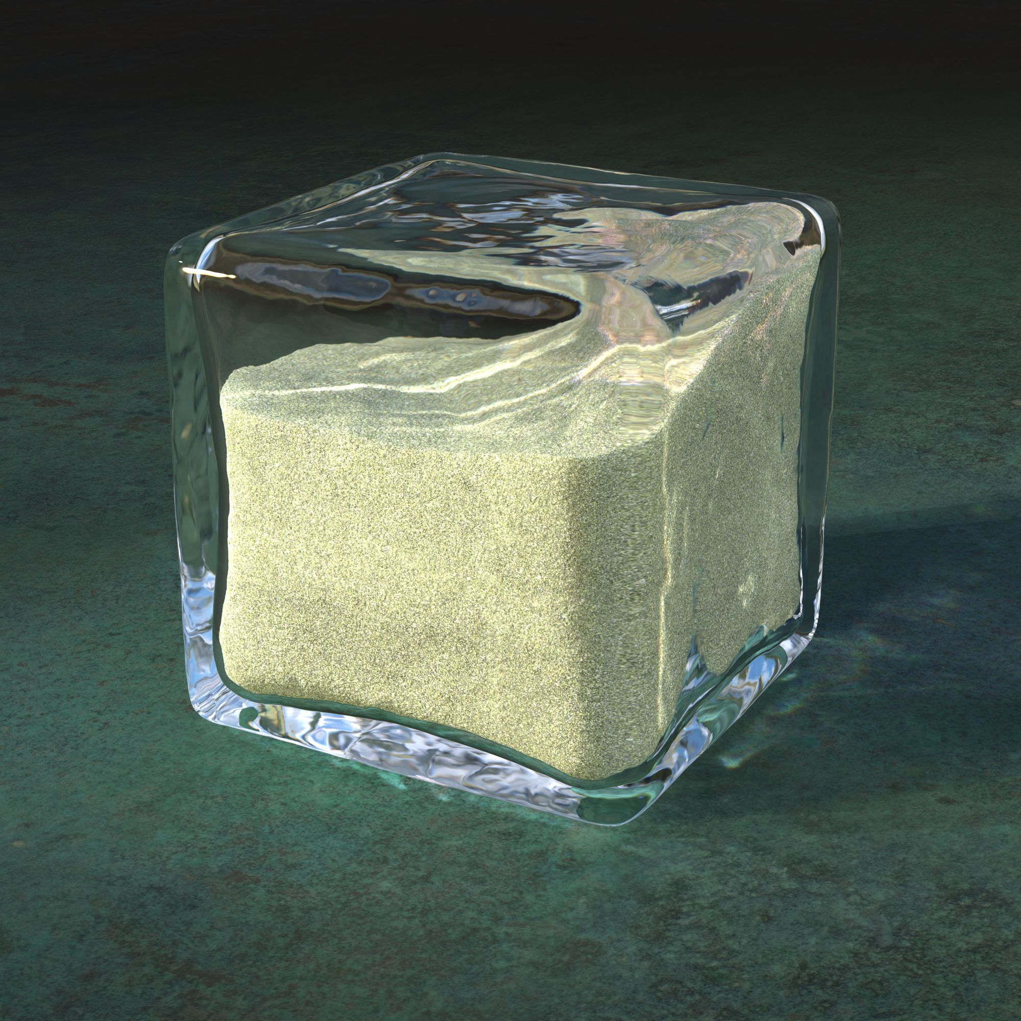 Photorealistic render of a glass block with thick and imperfect walls, mostly filled with a fine slightly green sand. Caustics and refraction scatter light through the block and onto a floor like rusted copper.