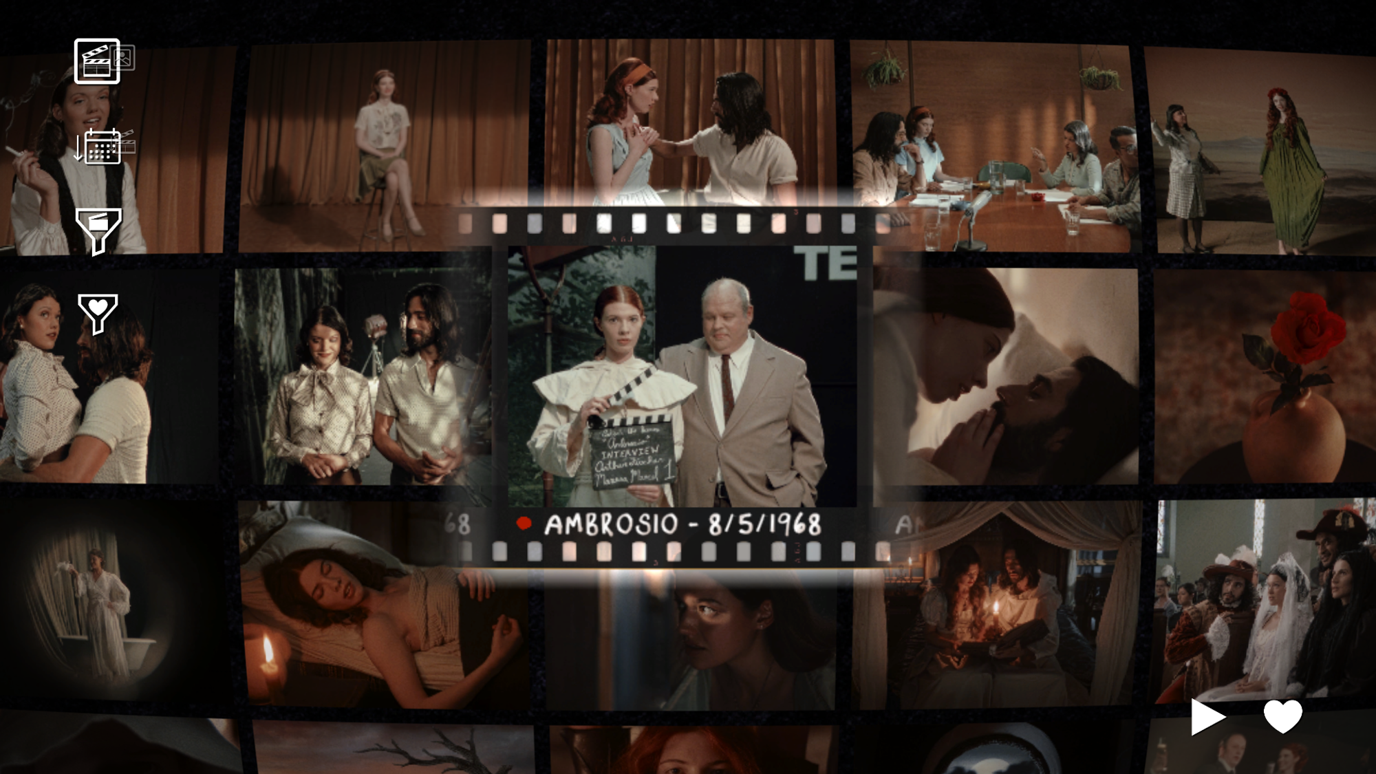 Two figures in a floating film reel hold a clapperboard against a background of other scenes and stills
