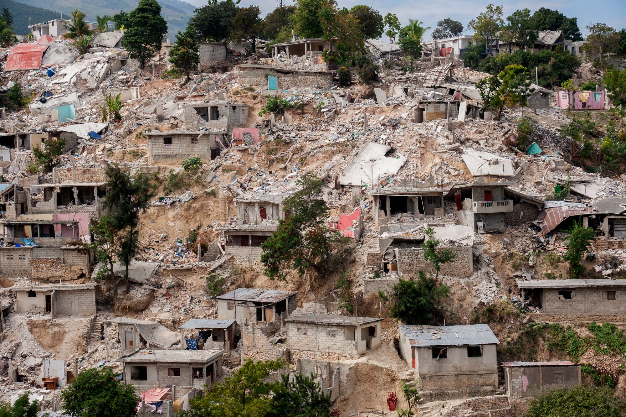 A hillside littered with crumbled houses and fallen trees