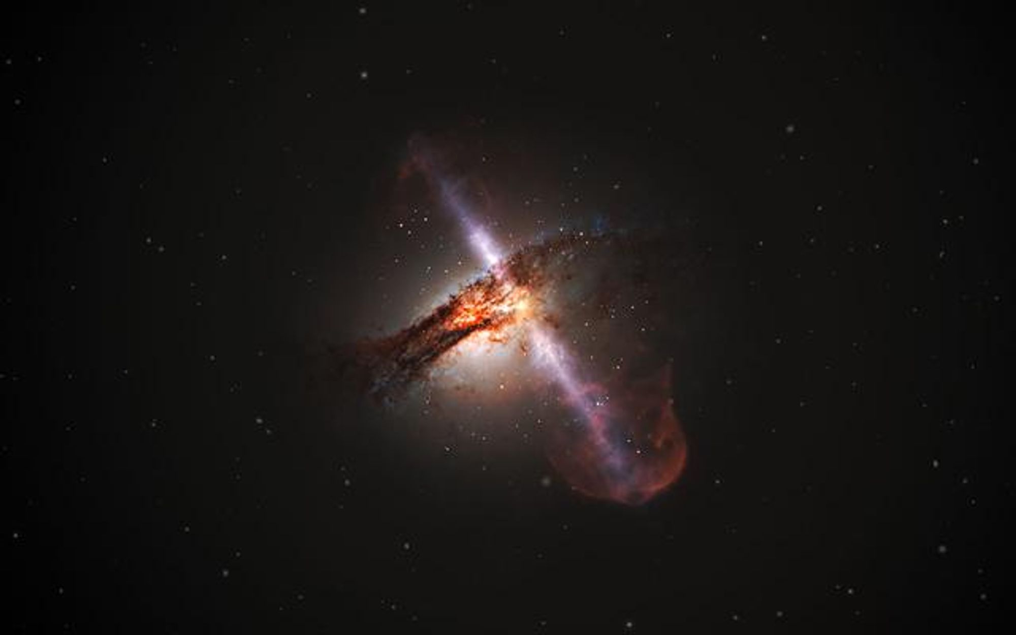 Diagonal white streak passing through a blurb of orange nebula against the backdrop of dark space.