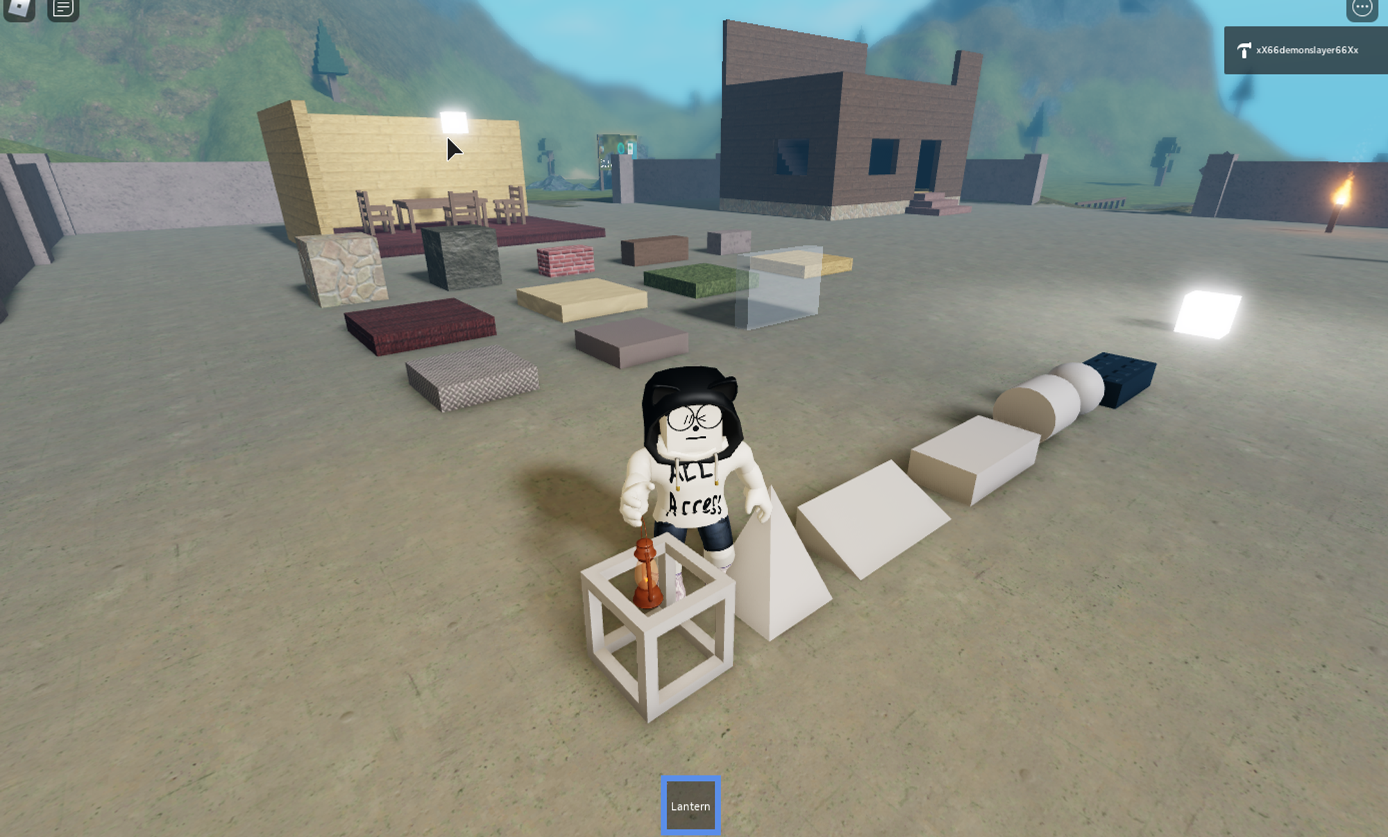 My avatar holding a lantern in a material-test default world.