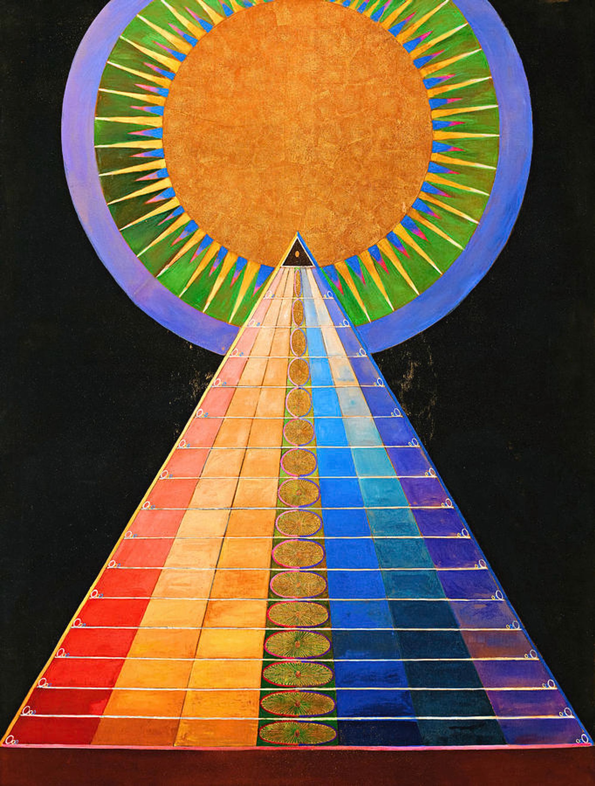 Abstract pyramid painting entitled "Altarpiece No. 1, Group X" by Hilma Van Klimpt