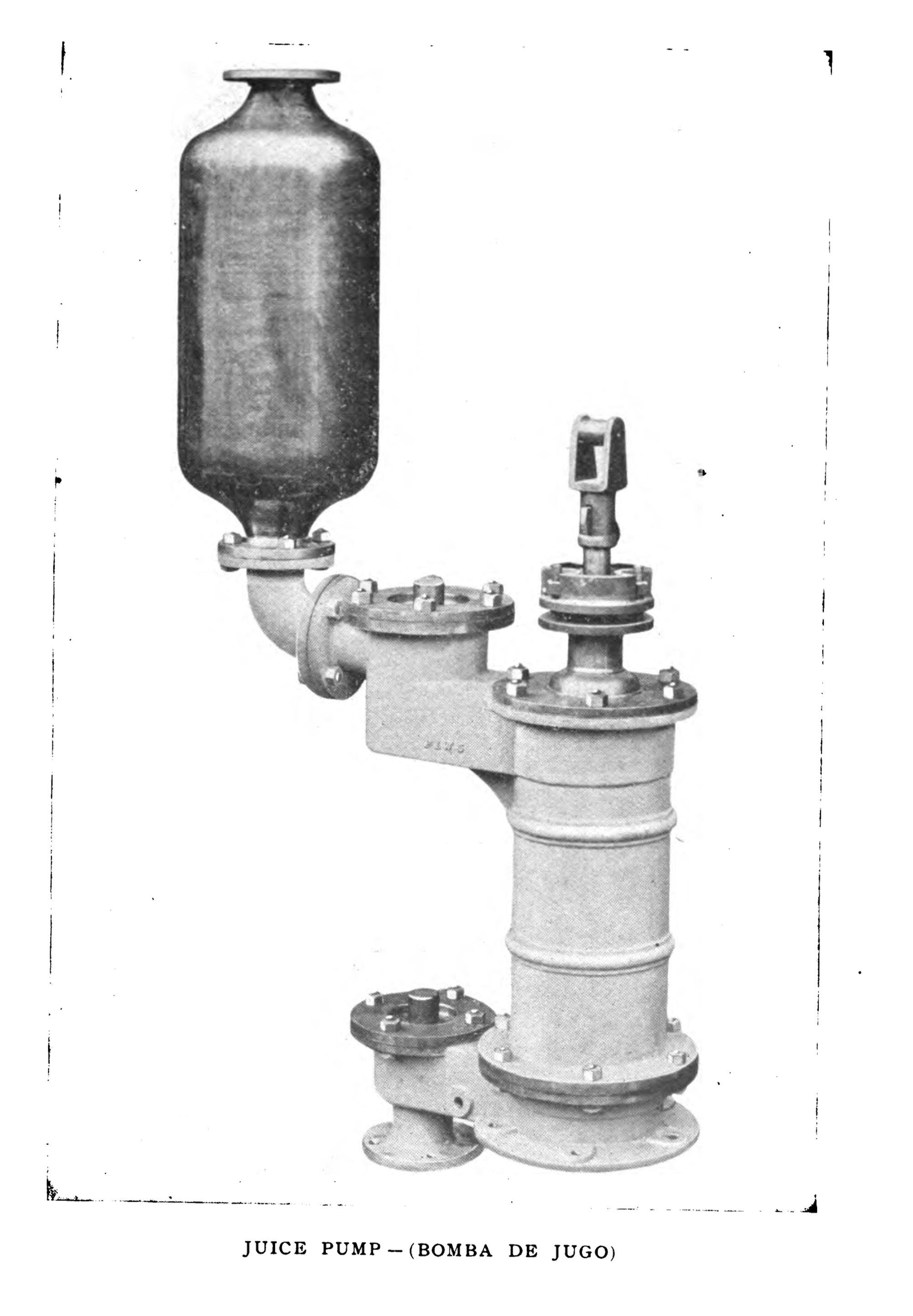 A black-and-white photograph of an industrial juice pump against a white background. 