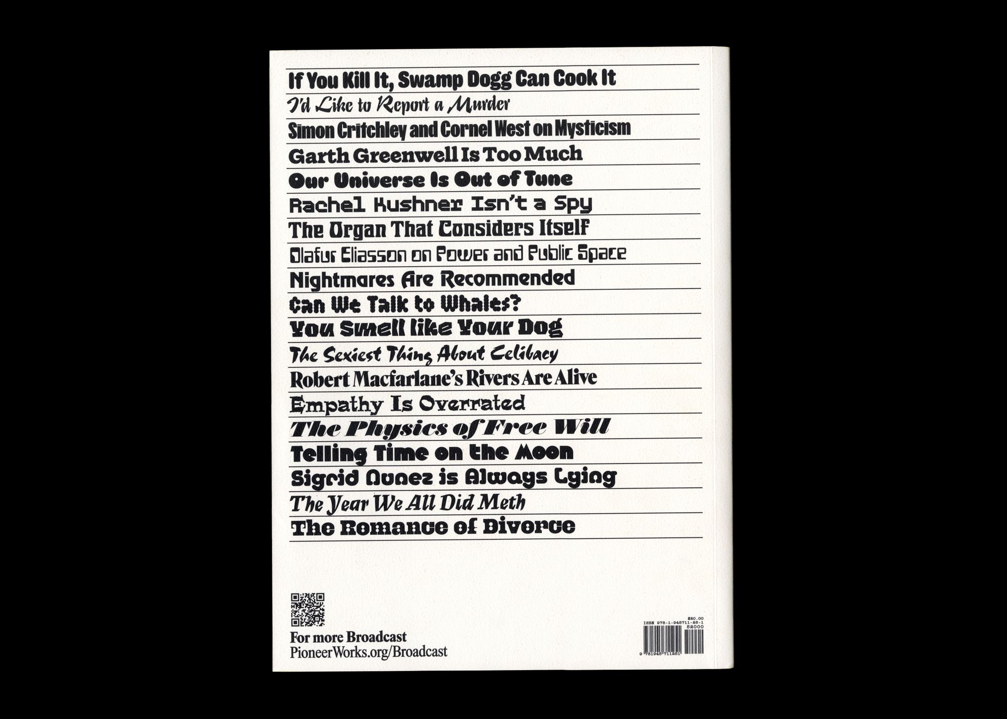 The back cover of a magazine, with several headlines listed in black text along a white background.