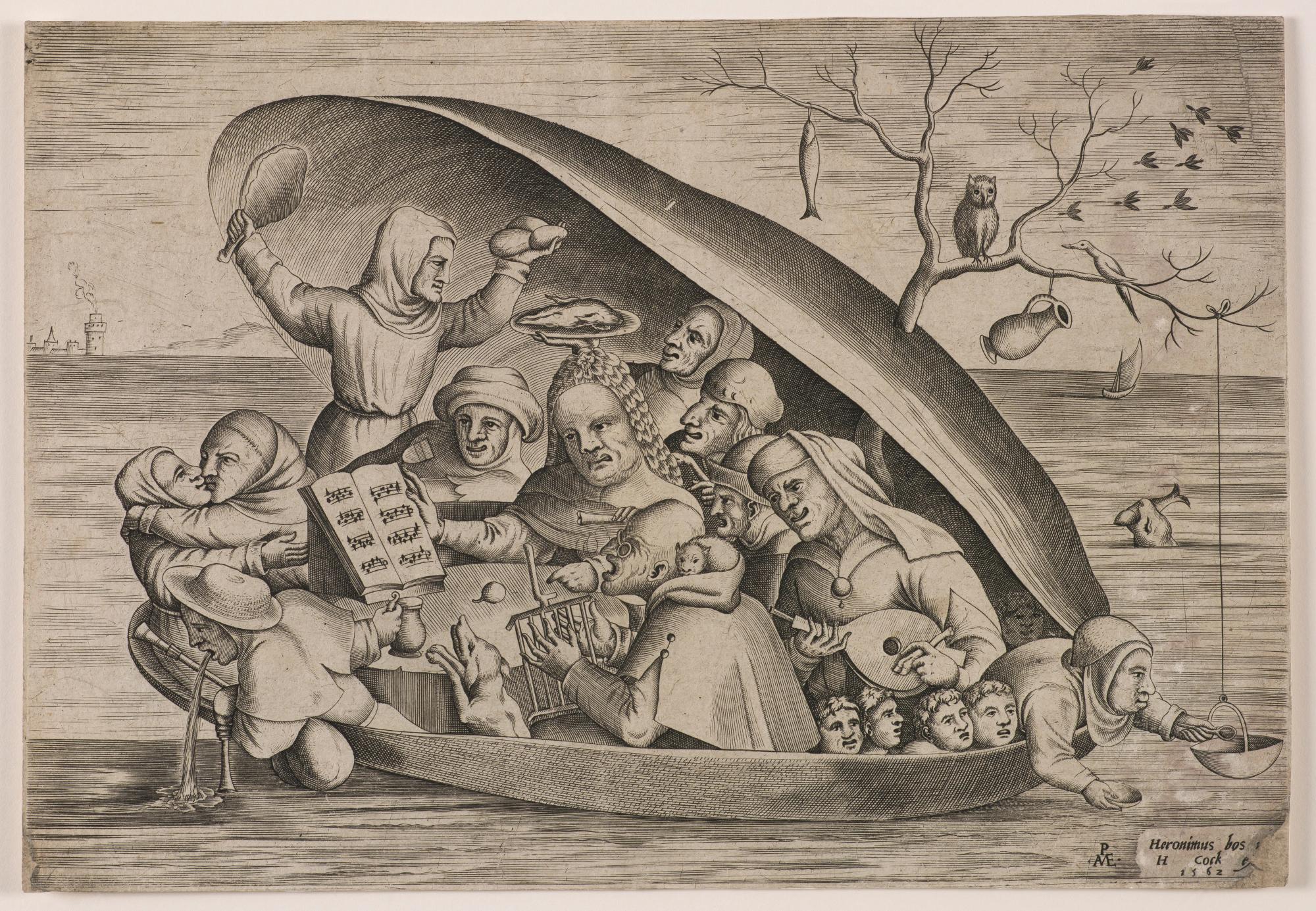 A pencil engraving print of various people crowded into a clam shell above water