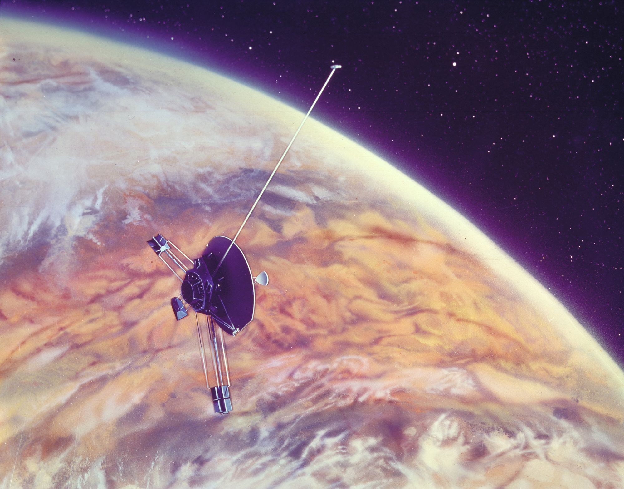 A purple-hued image of the Pioneer 10 spacecraft flying above Jupiter.