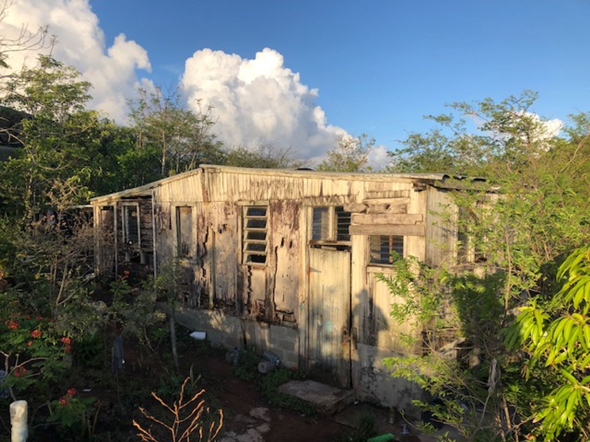 An old, dilapidated home in a tropical climate