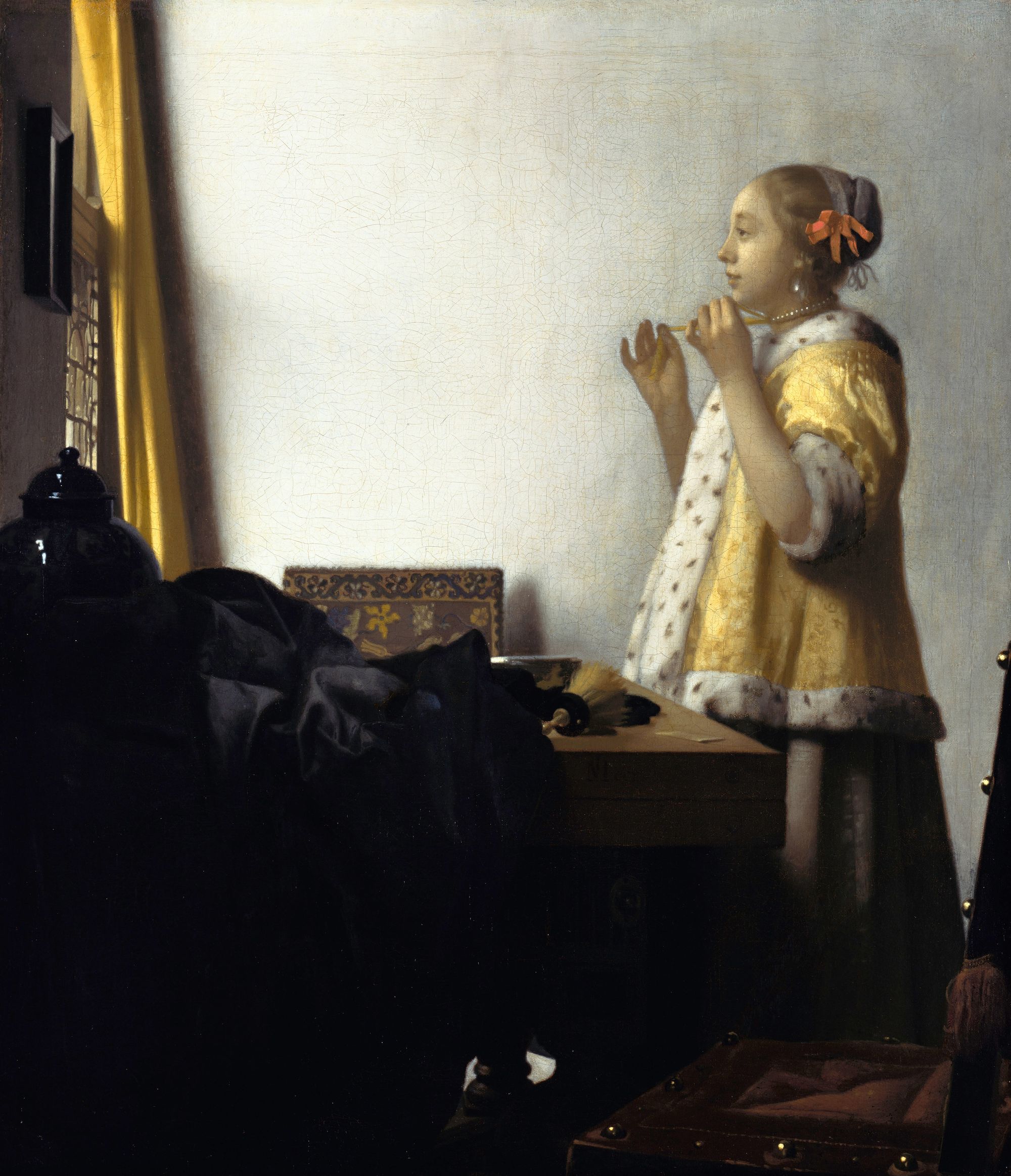 A young girl in a royal yellow cloak holds her pearl necklace to the soft light of her window.