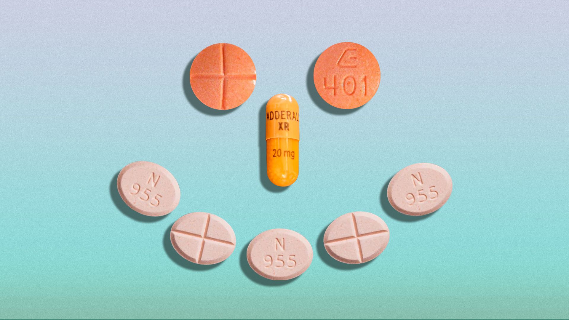 Adderall pills of different shapes and sizes arranged in the shape of a smiley face against a pastel gradient background. 