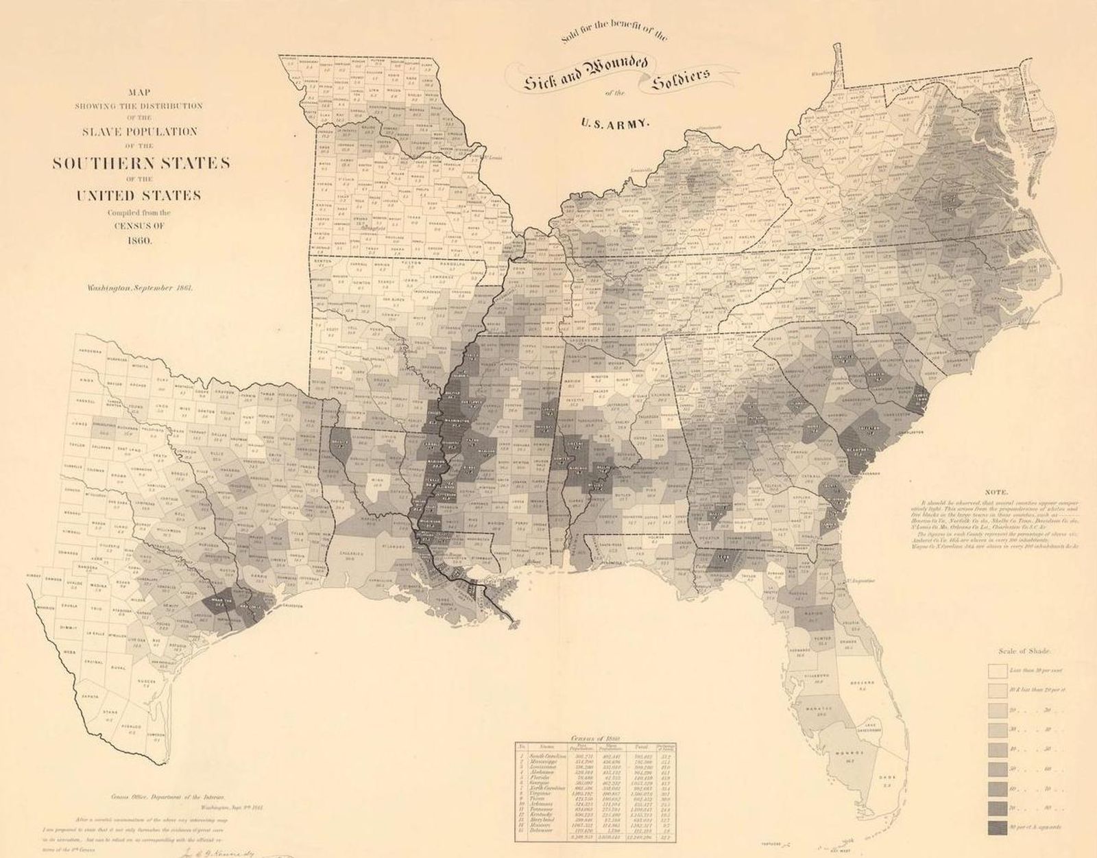 A map of the Southern States of the United States, in which shading indicates most slaves per capita.