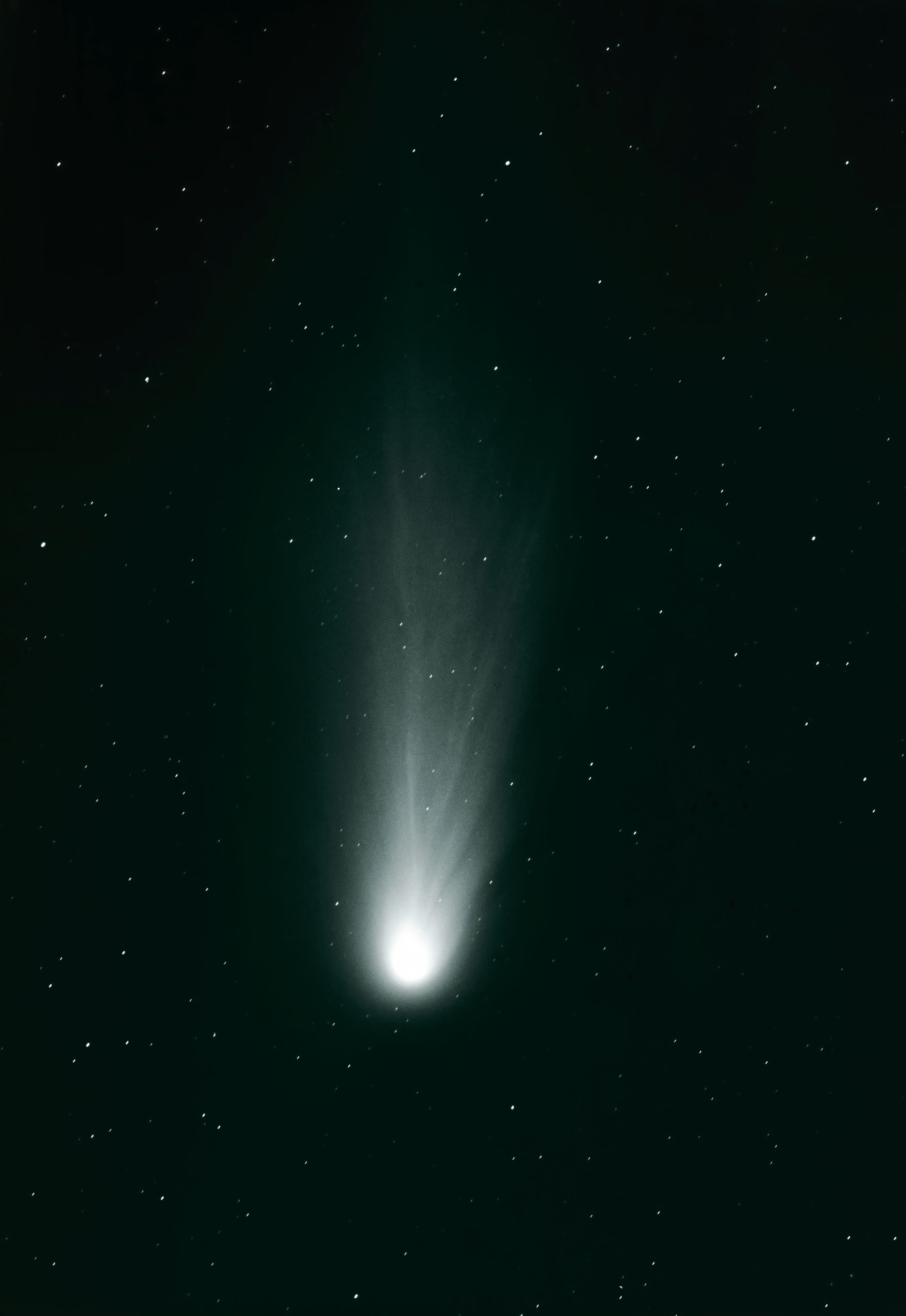 An image of Halley's Comet, a blinding white light shooting through the night sky.