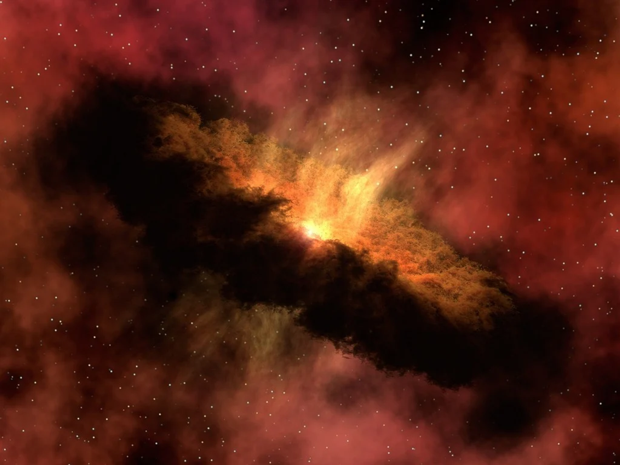 Black hole in the galaxy with red and orange light emitting from its center